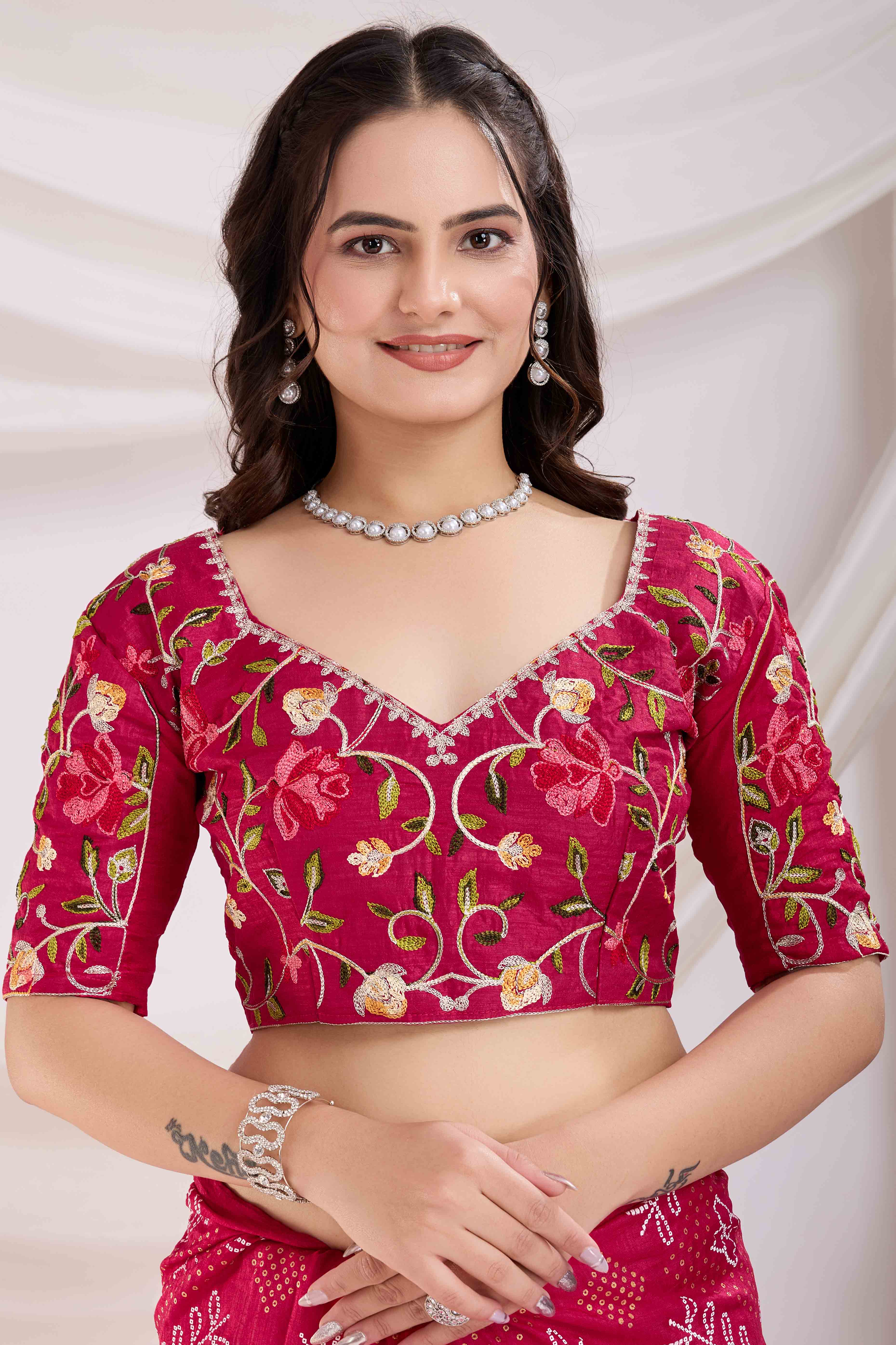 Rani Pink Bandhani Printed With Embroidered Border Vichitra Silk Saree