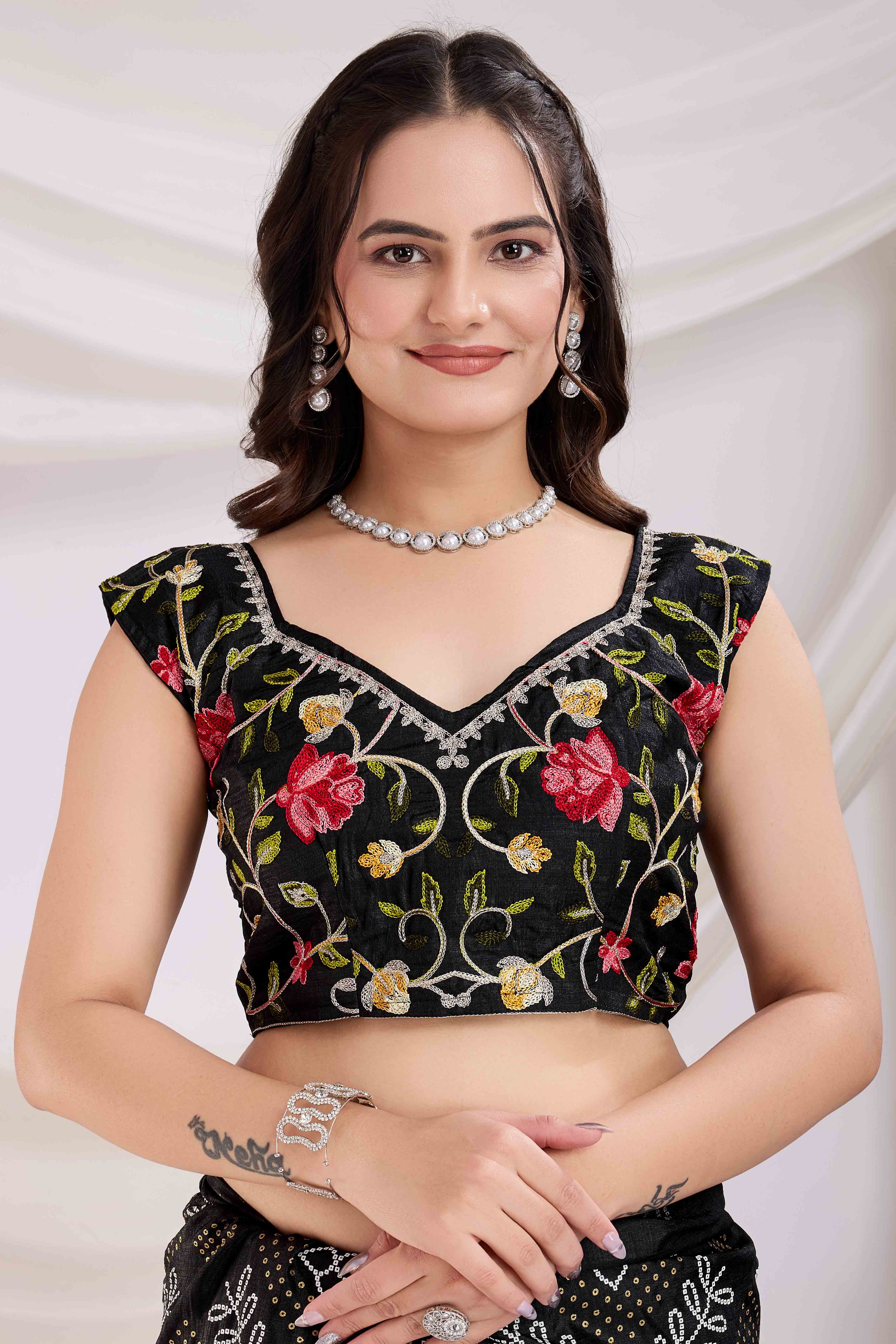 Black Bandhani Printed With Embroidered Border Vichitra Silk Saree