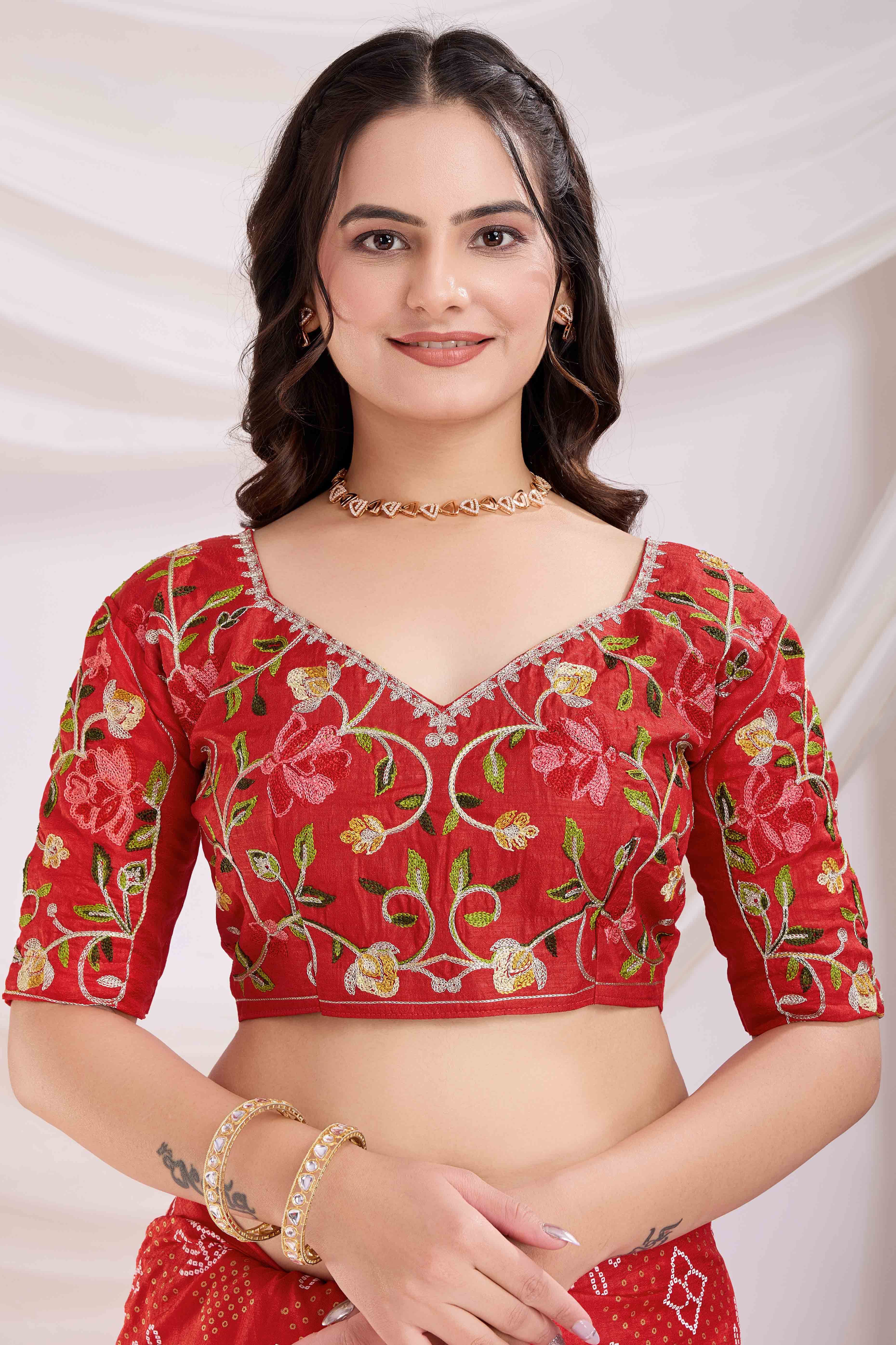 Red Bandhani Printed With Embroidered Border Vichitra Silk Saree