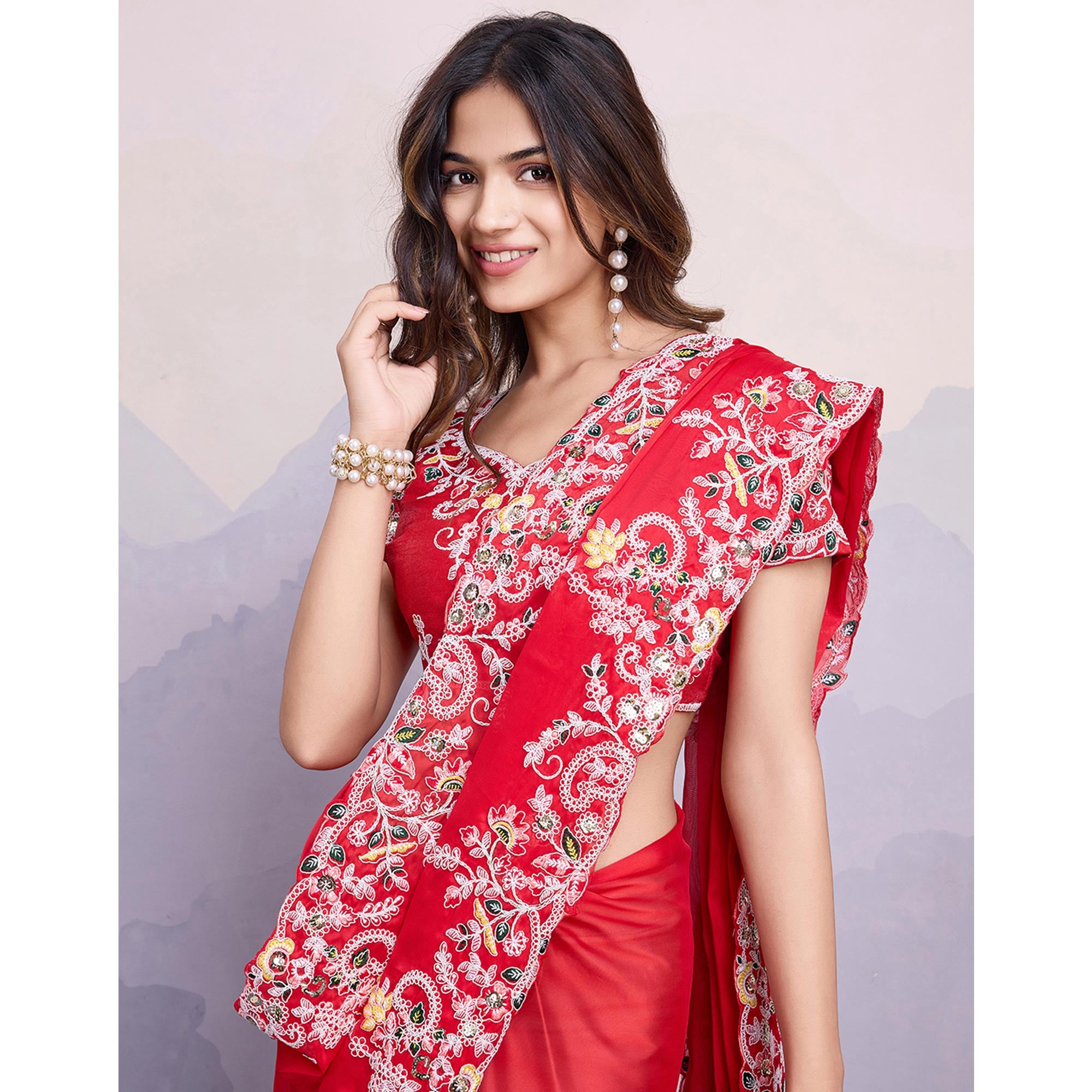 Red Floral Sequins Embroidered Art Silk Saree