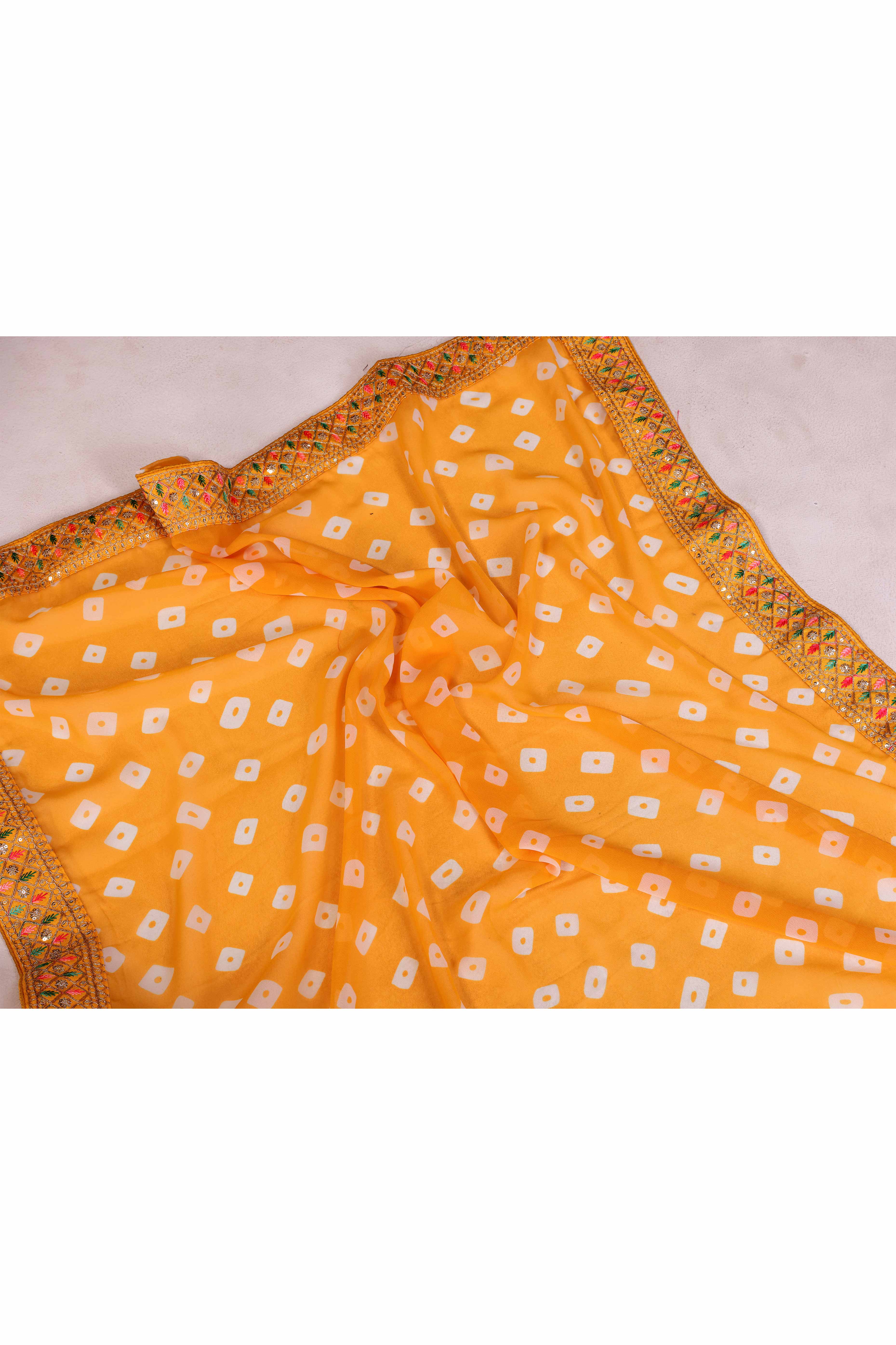 Yellow Georgette Saree With Bandhani Print & Exquisite Cording Embroidery Border