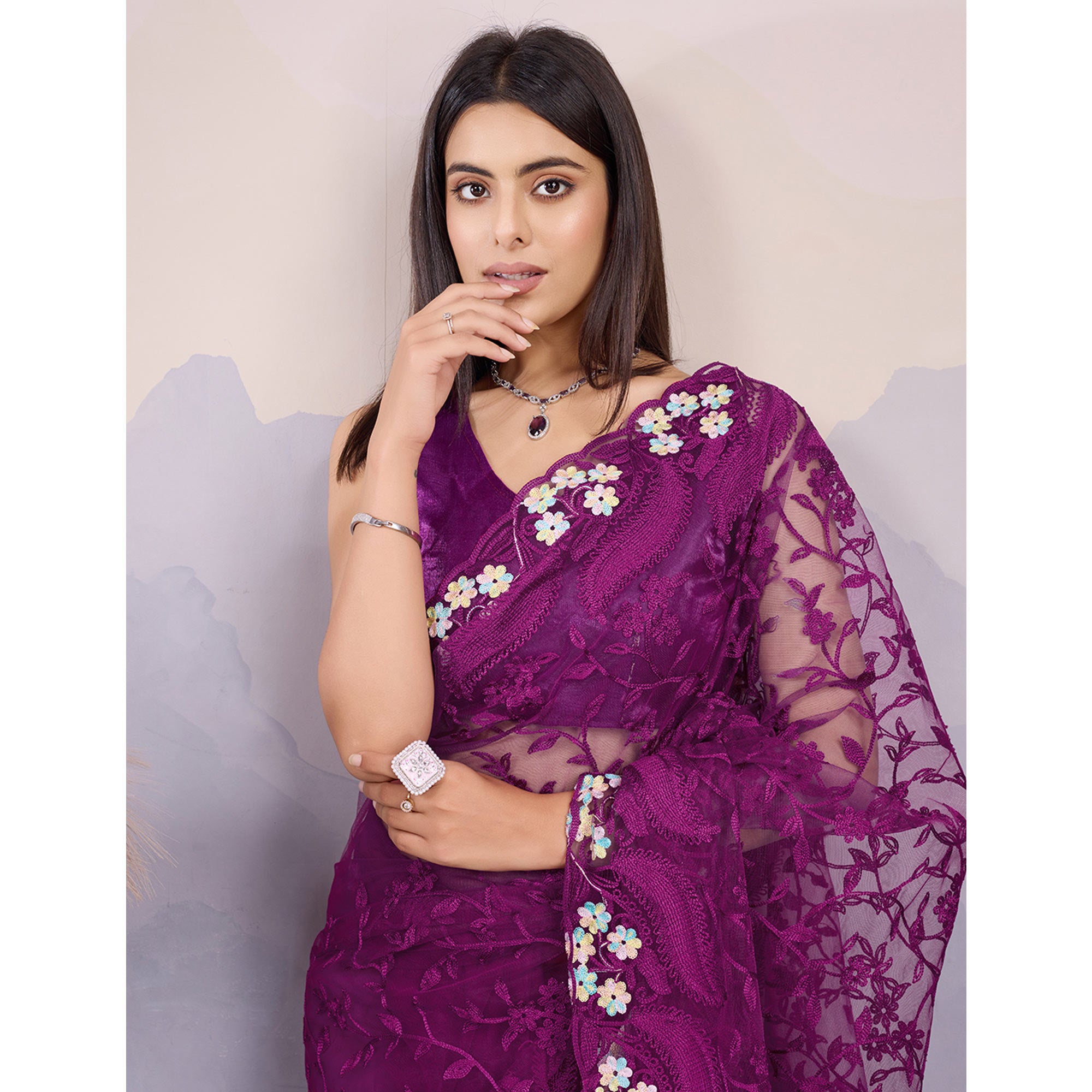 Purple Floral Thread Embroidered Net Saree