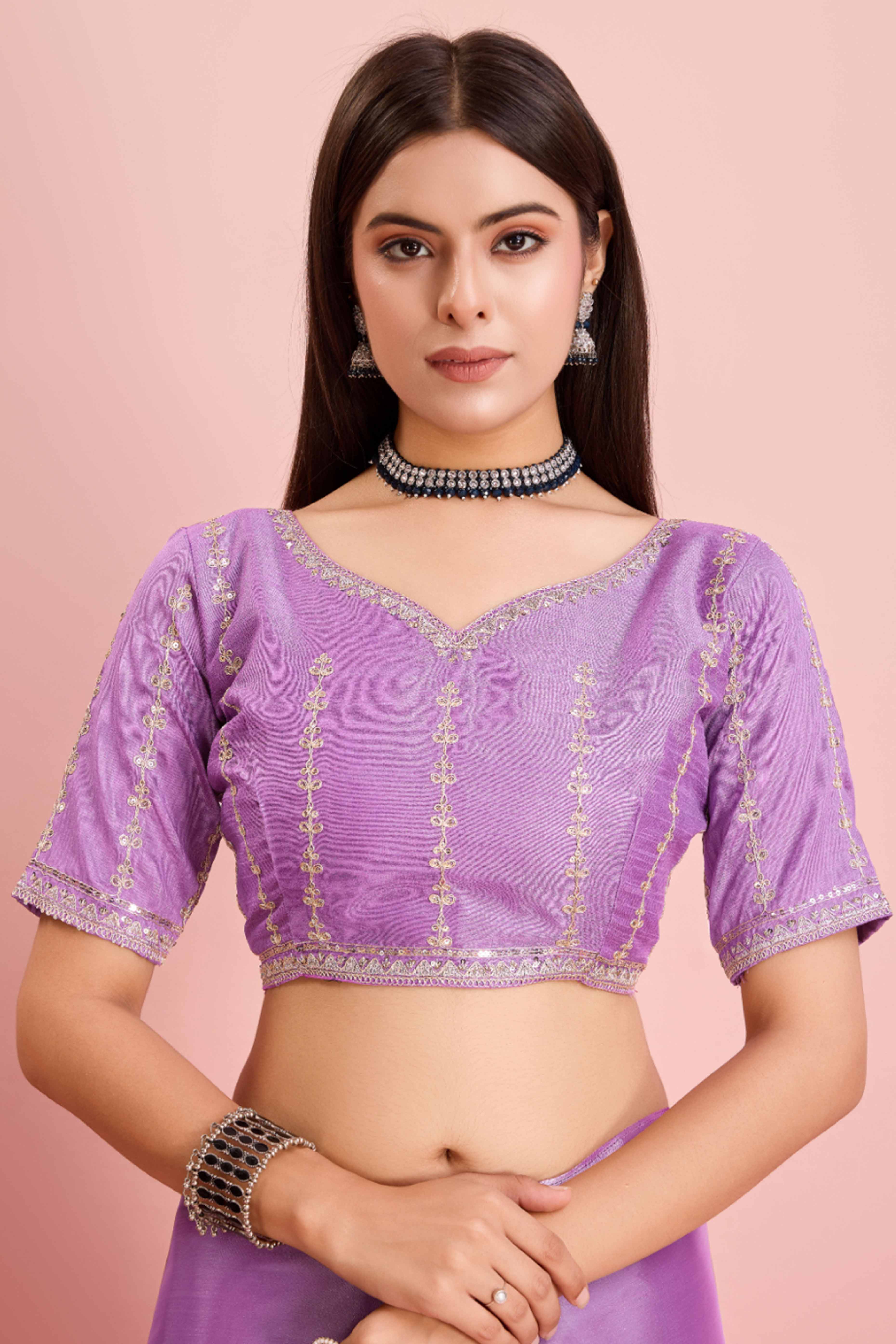 Lavender Solid With Floral Sequins Embroidered Jimmy Choo Tissue Saree