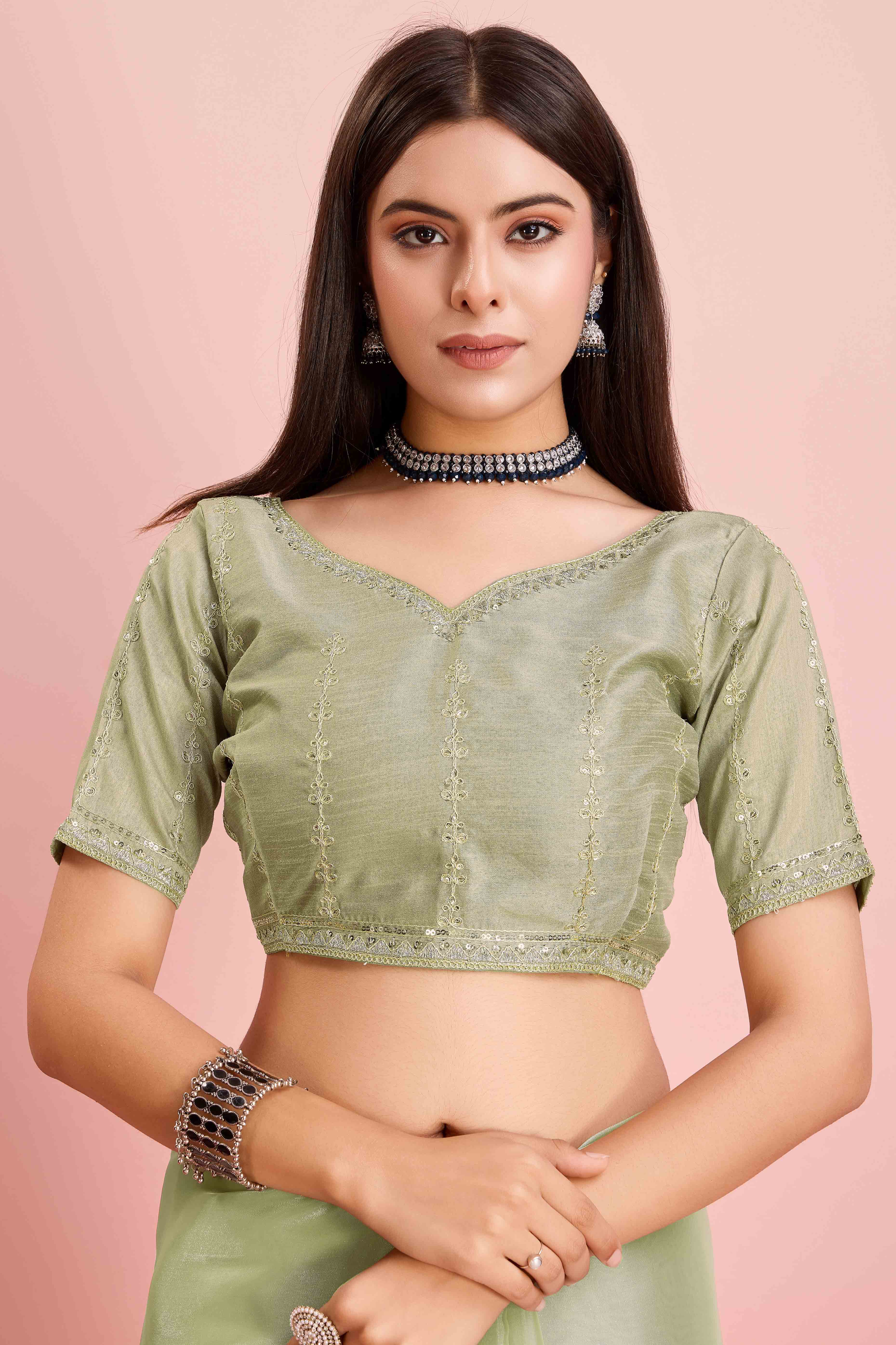 Green Solid With Floral Sequins Embroidered Jimmy Choo Tissue Saree