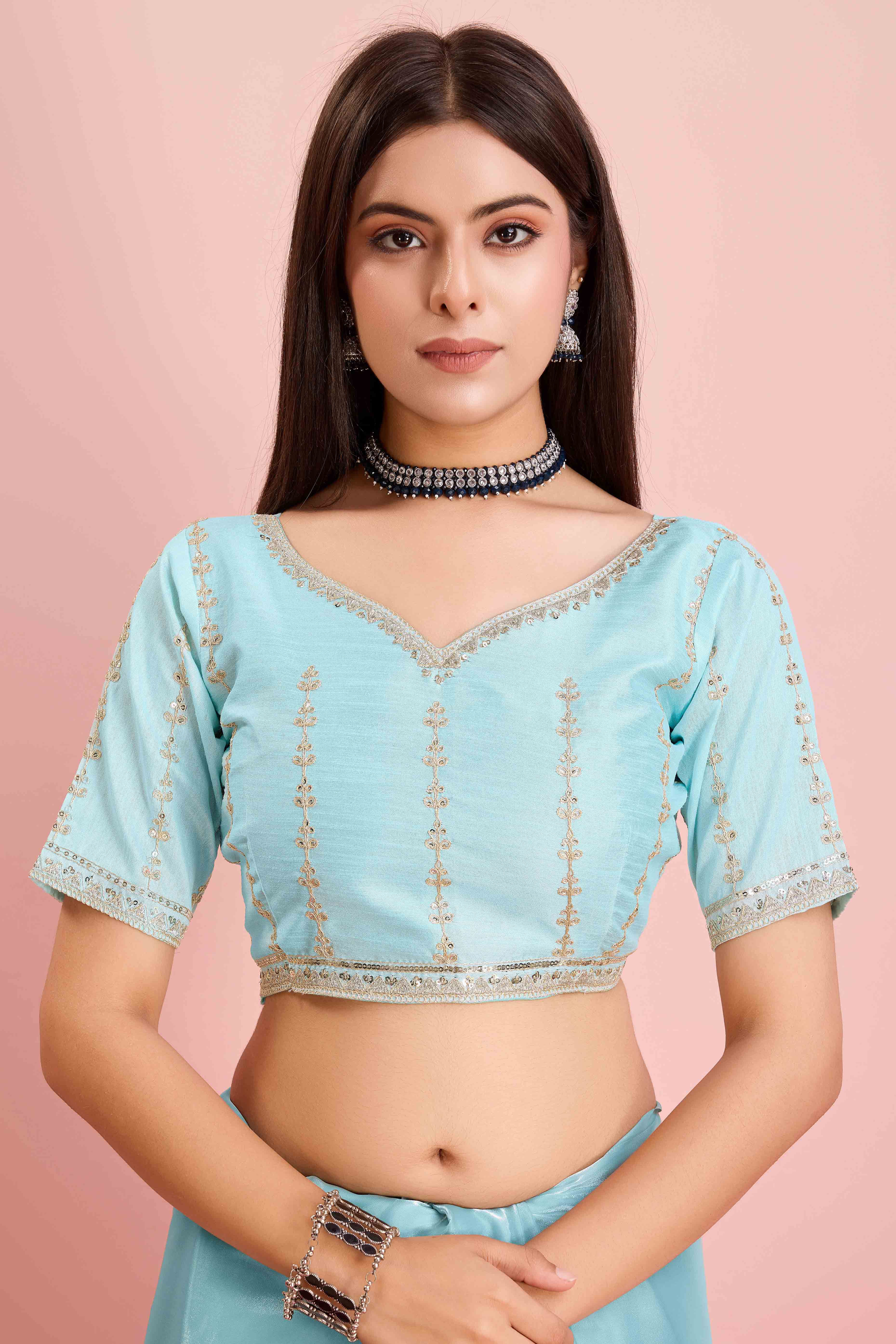 Blue Solid With Floral Sequins Embroidered Jimmy Choo Tissue Saree