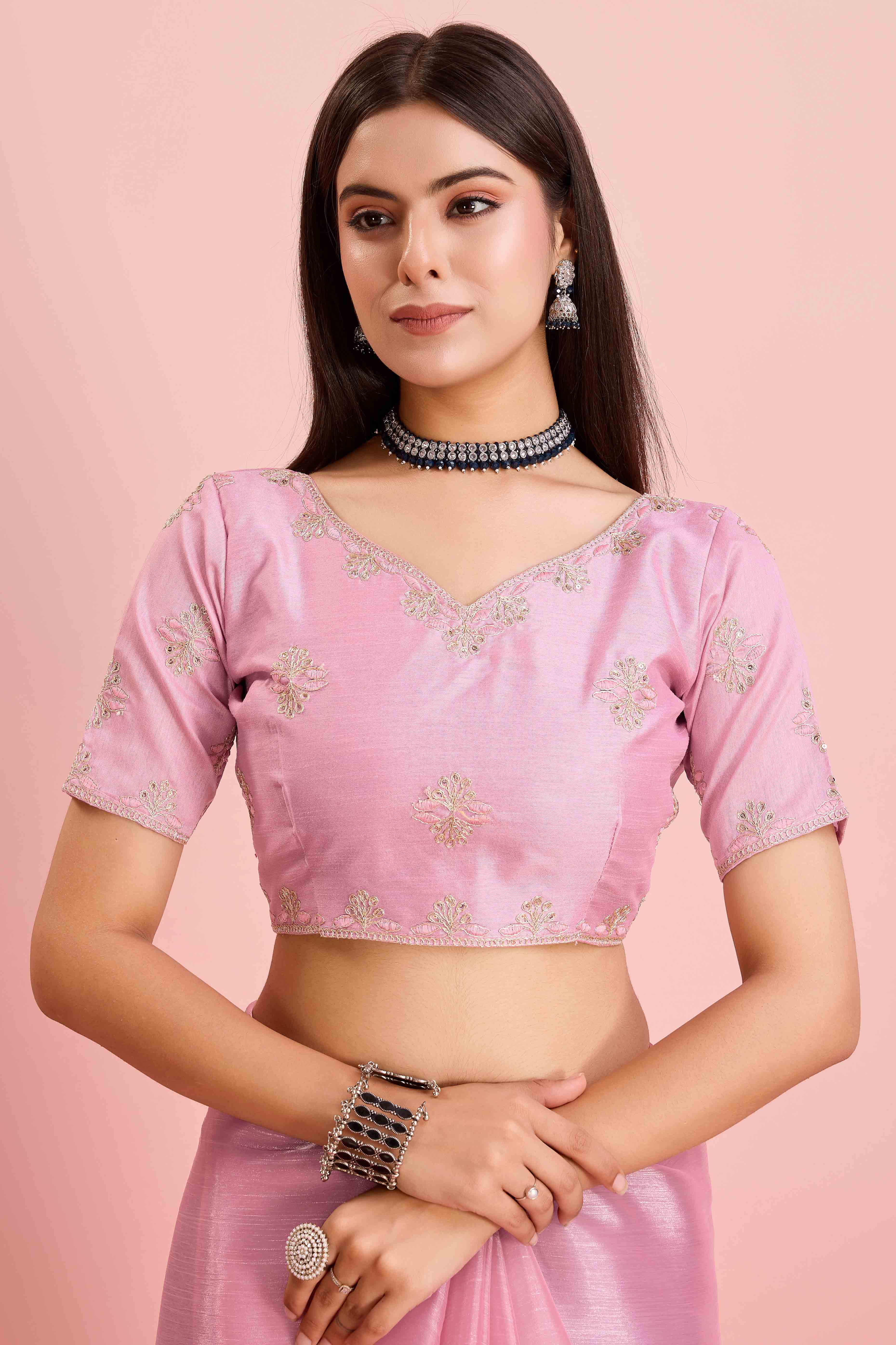 Pink Solid With Sequins Embroidery Border Mulberry Silk Saree