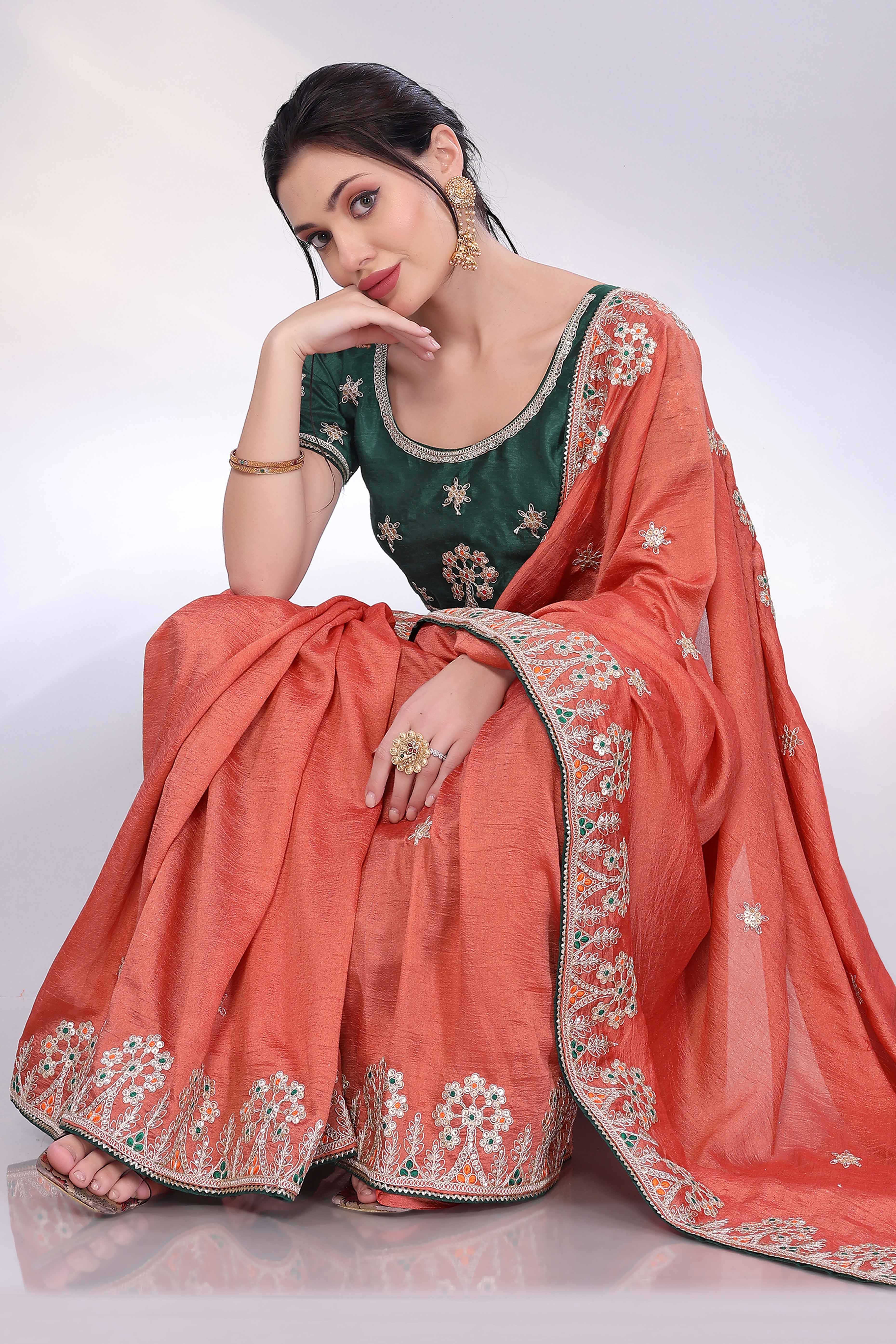 Orange Vichitra Silk Saree Embellished With Floral Cording Embroidery & Sparkling Sequins