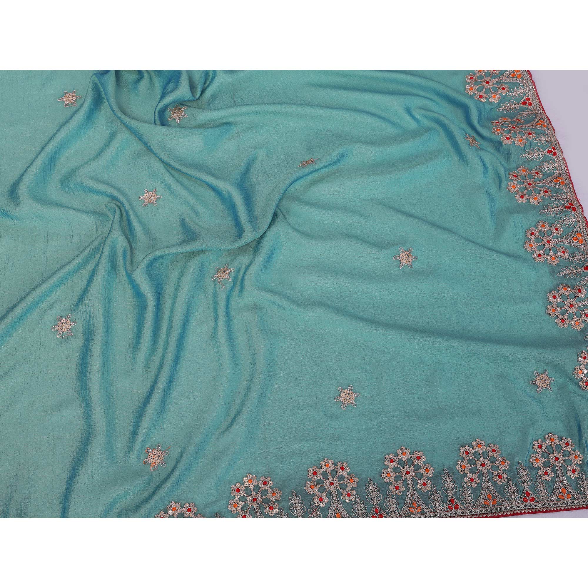 Turquoise Vichitra Silk Saree Embellished With Floral Cording Embroidery & Sparkling Sequins