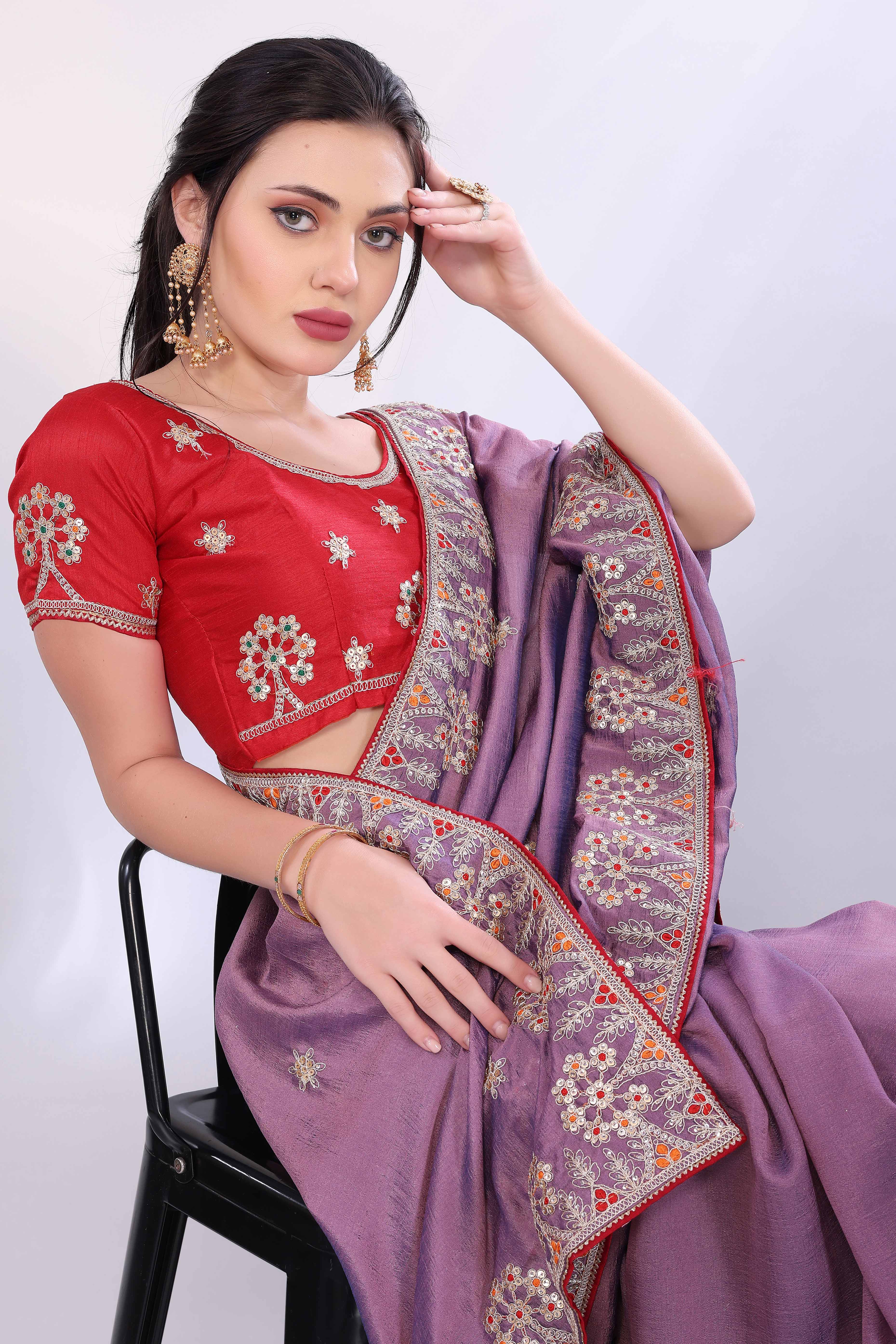 Lavender Vichitra Silk Saree Embellished With Floral Cording Embroidery & Sparkling Sequins