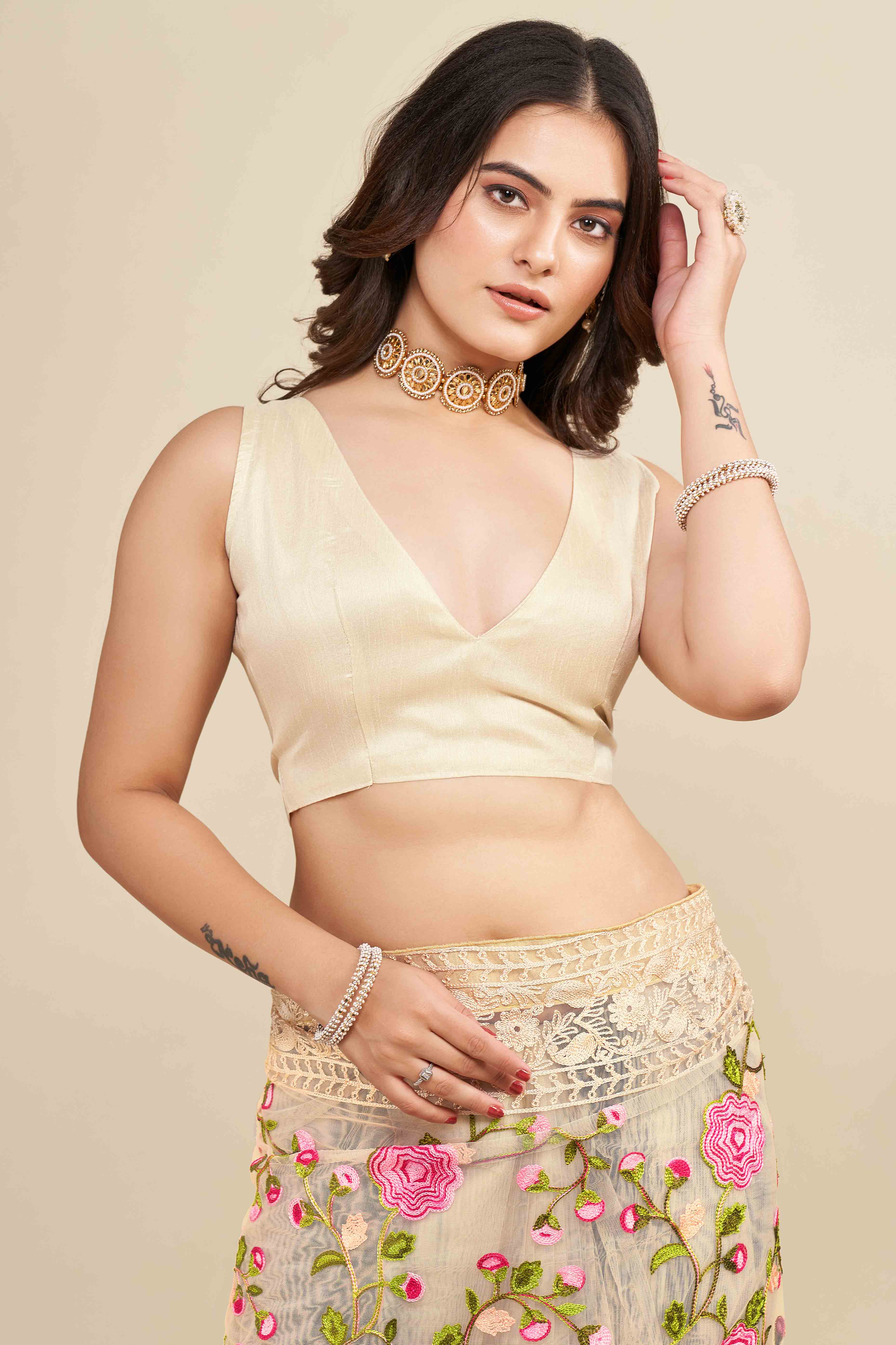 Cream Floral Embroidered Party Wear Saree in Net Fabric with Lavish Detailing