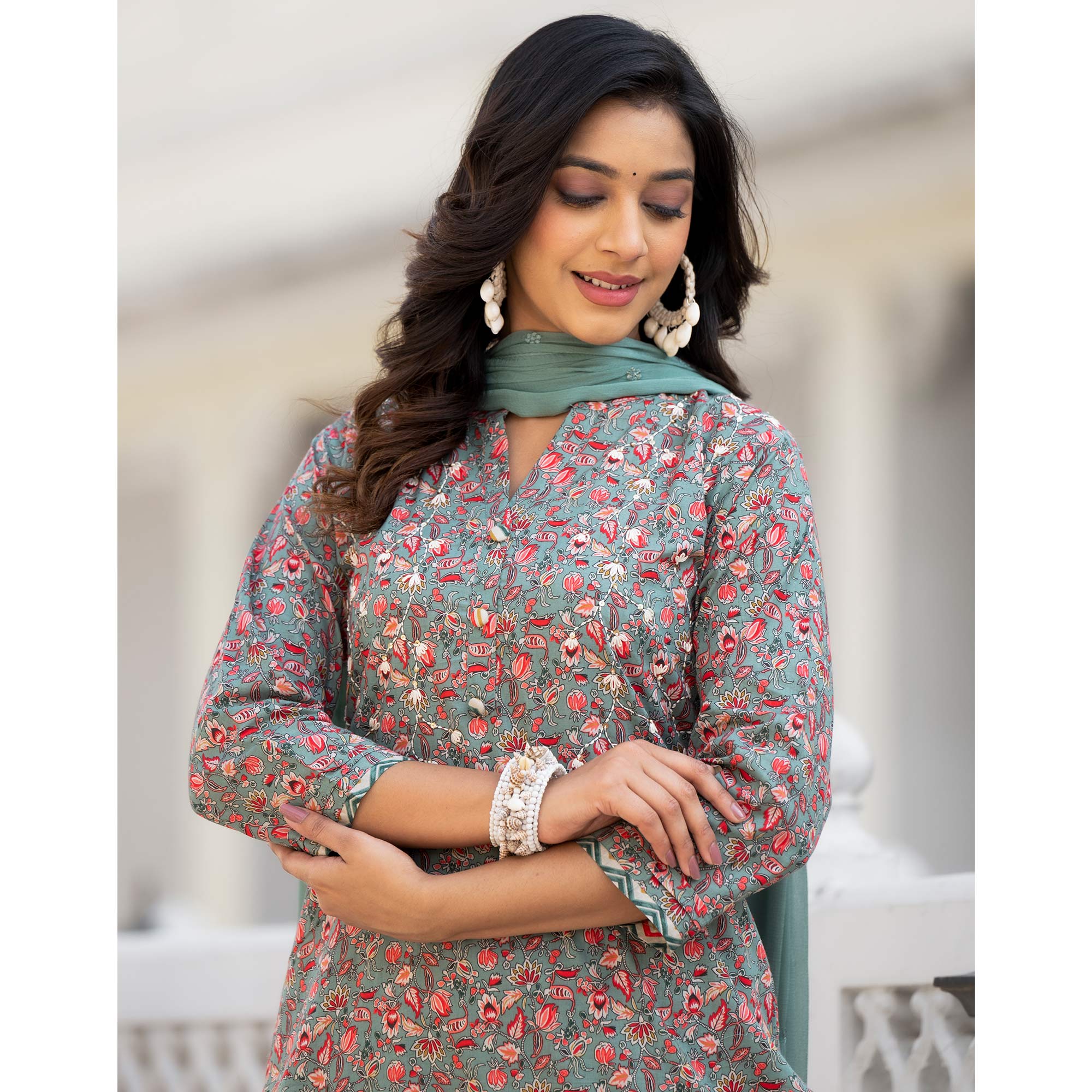 Green Floral Printed Pure Cotton Straight Salwar Suit