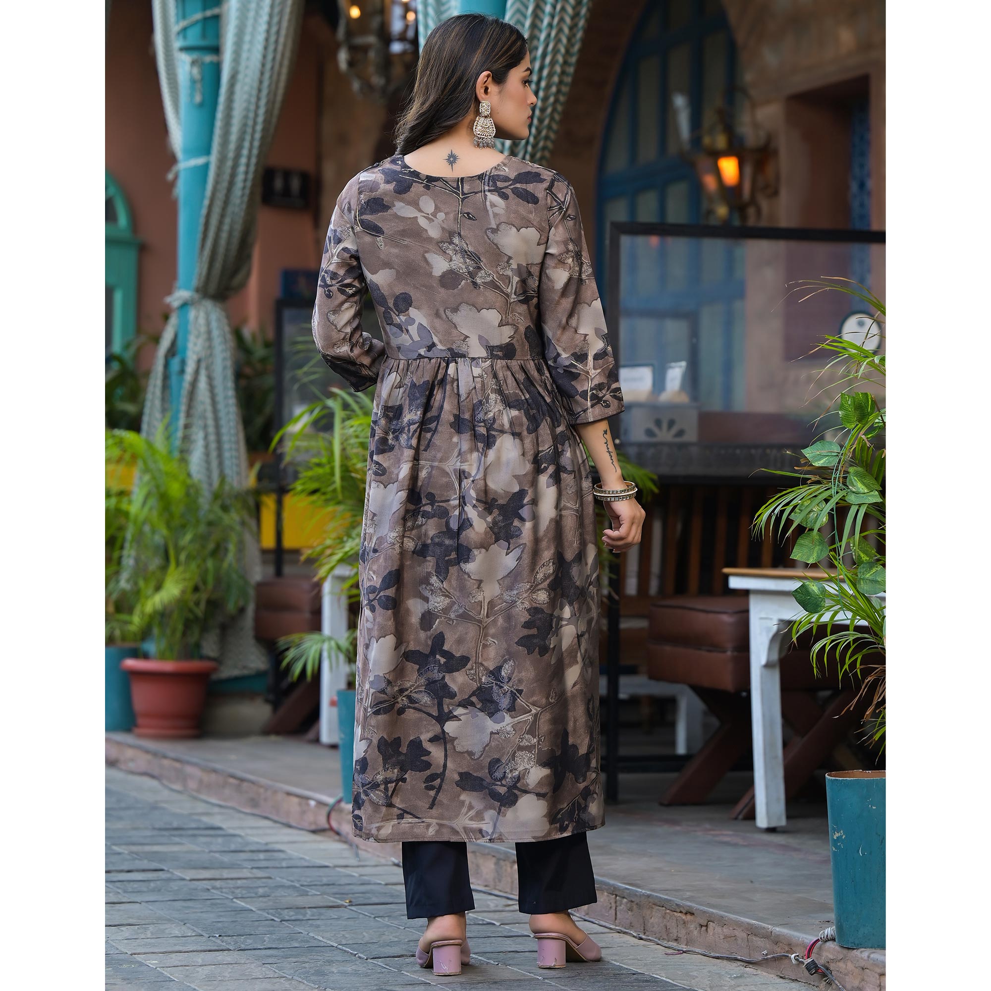 Chikoo & Black Floral Printed Alia Cut Chanderi Silk Salwar Suit