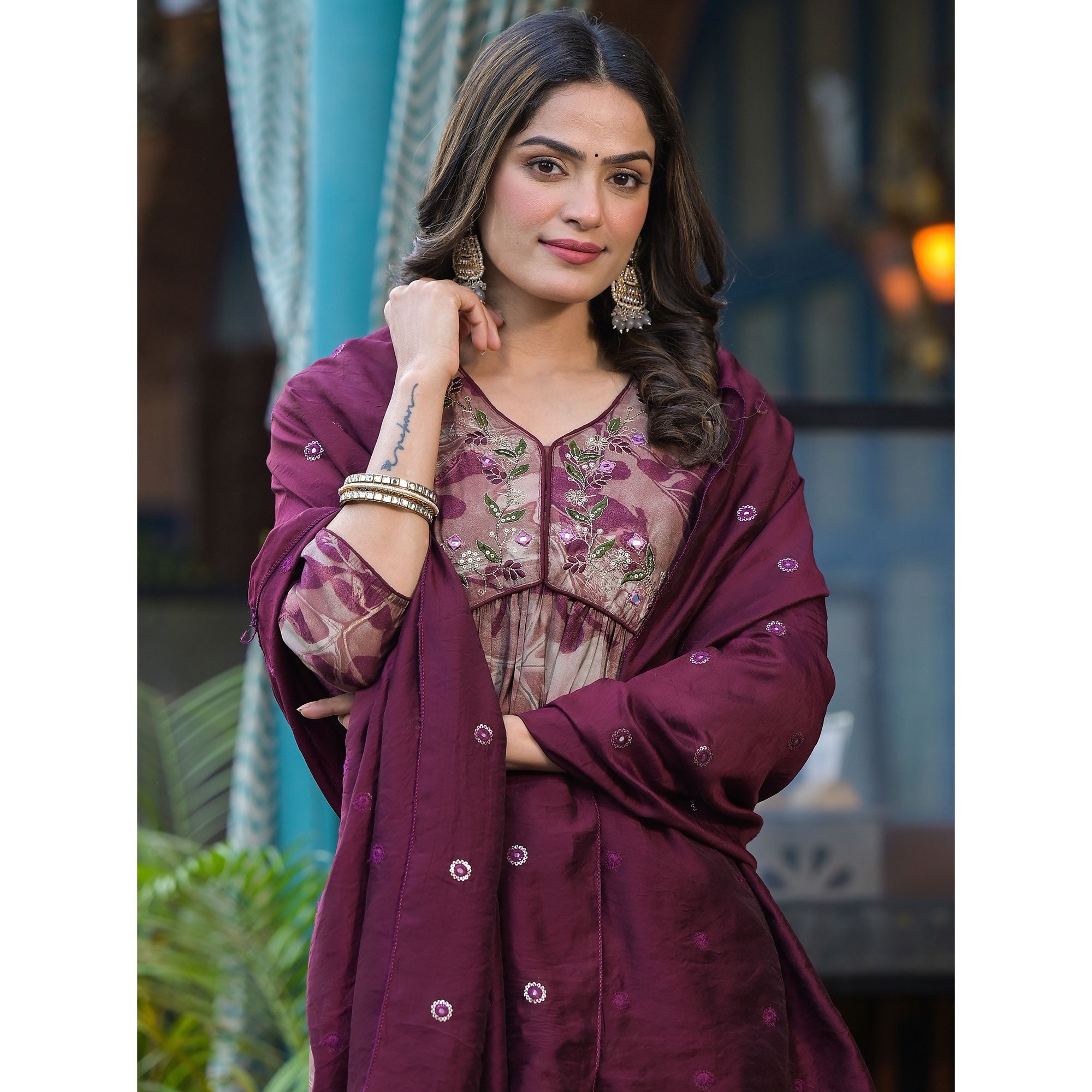 Chikoo & Wine Floral Printed Alia Cut Chanderi Silk Salwar Suit