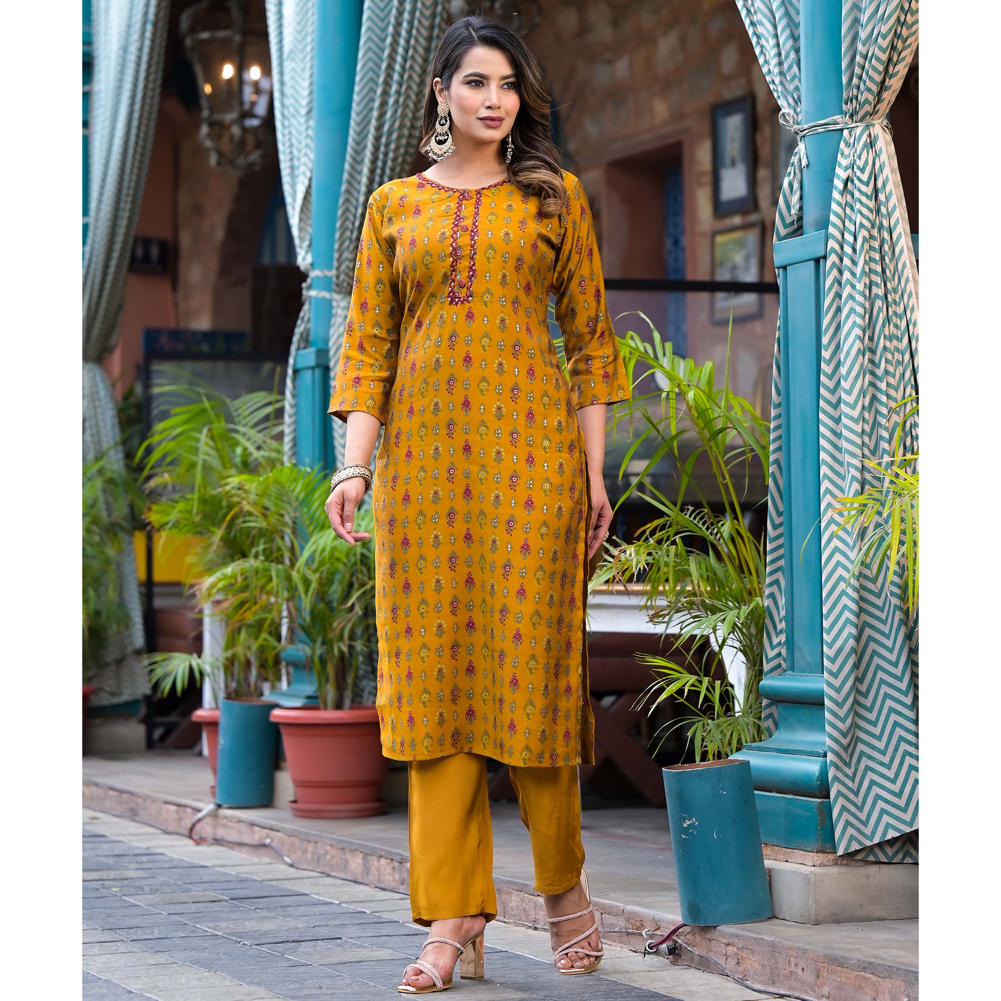 Mustard Floral Kantha Work Embroidered Chanderi Silk Salwar Suit