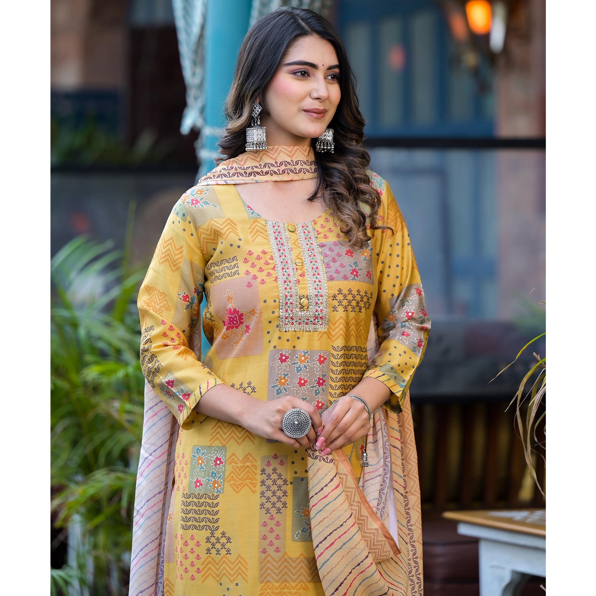 Yellow Digital Printed Chanderi Silk Salwar Suit