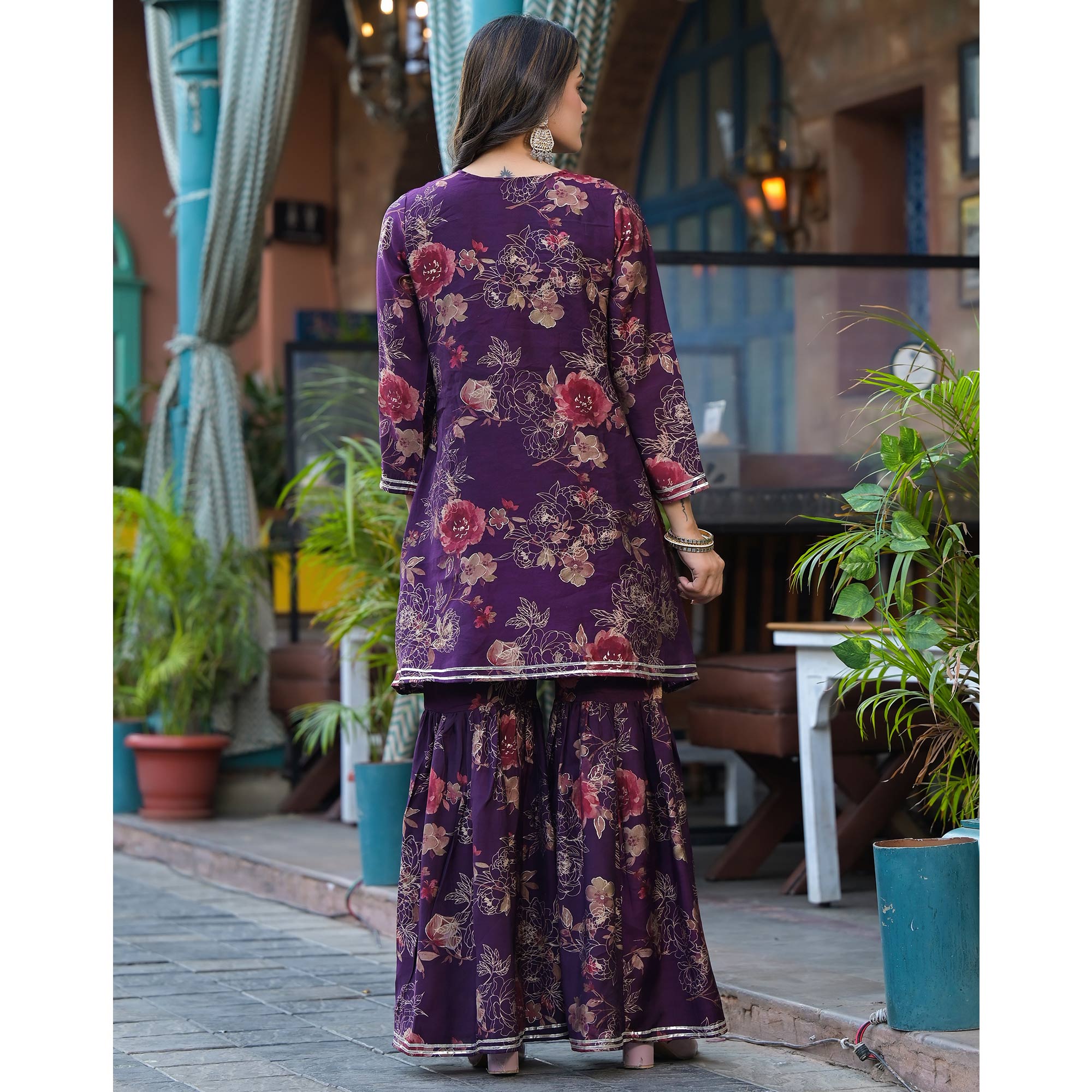 Wine Floral Embroidered Chanderi Silk Sharara Suit