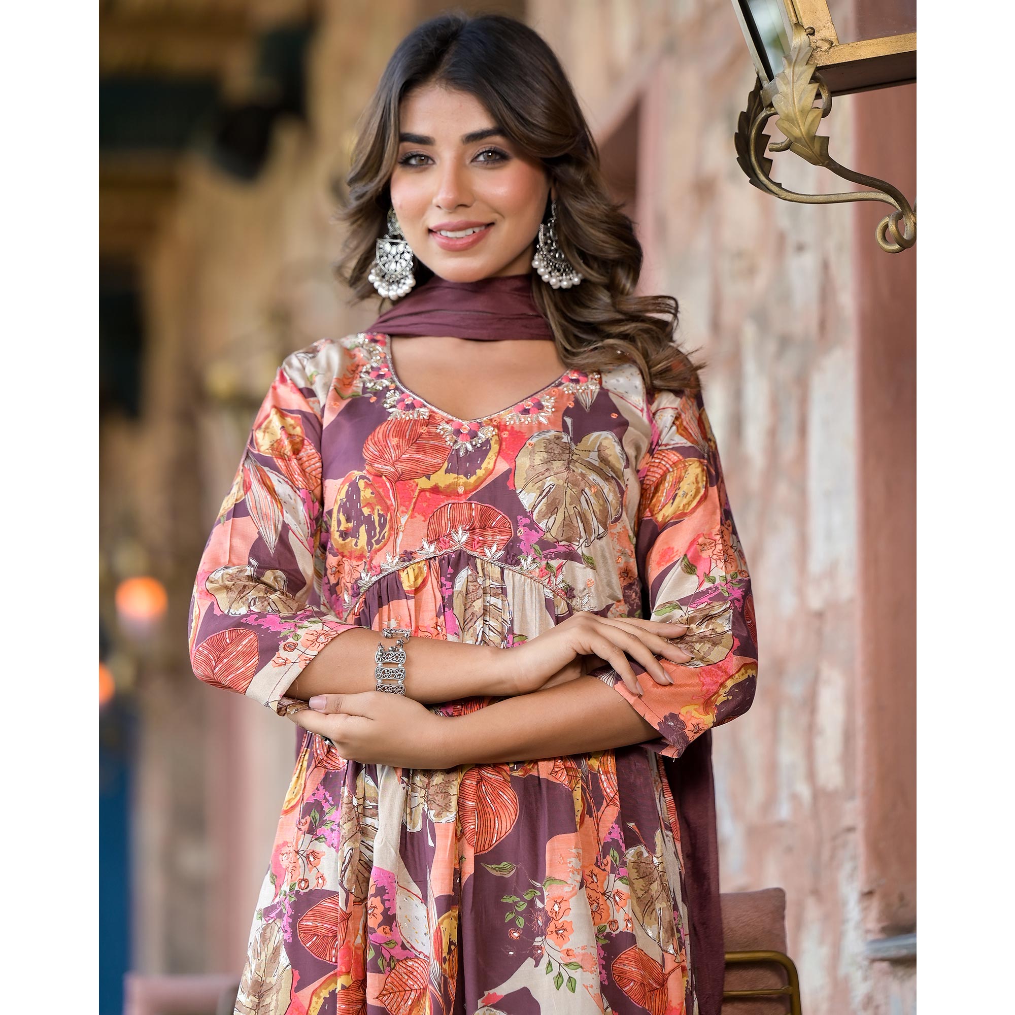 Coffee Brown Floral Foil Printed Muslin Alia Cut Salwar Suit With Handcrafted