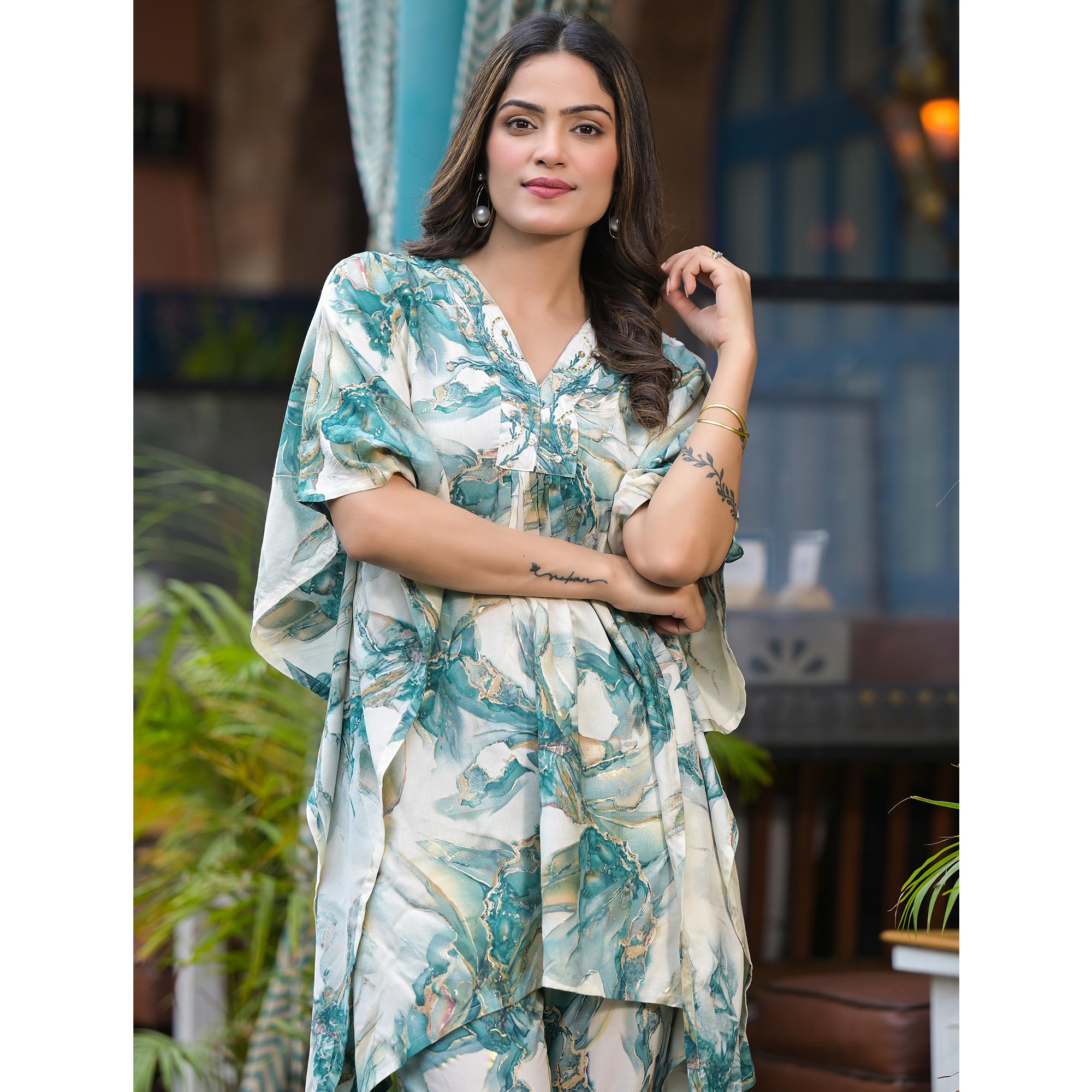 Green Foil Printed Rayon Kaftan Co-Ord Set