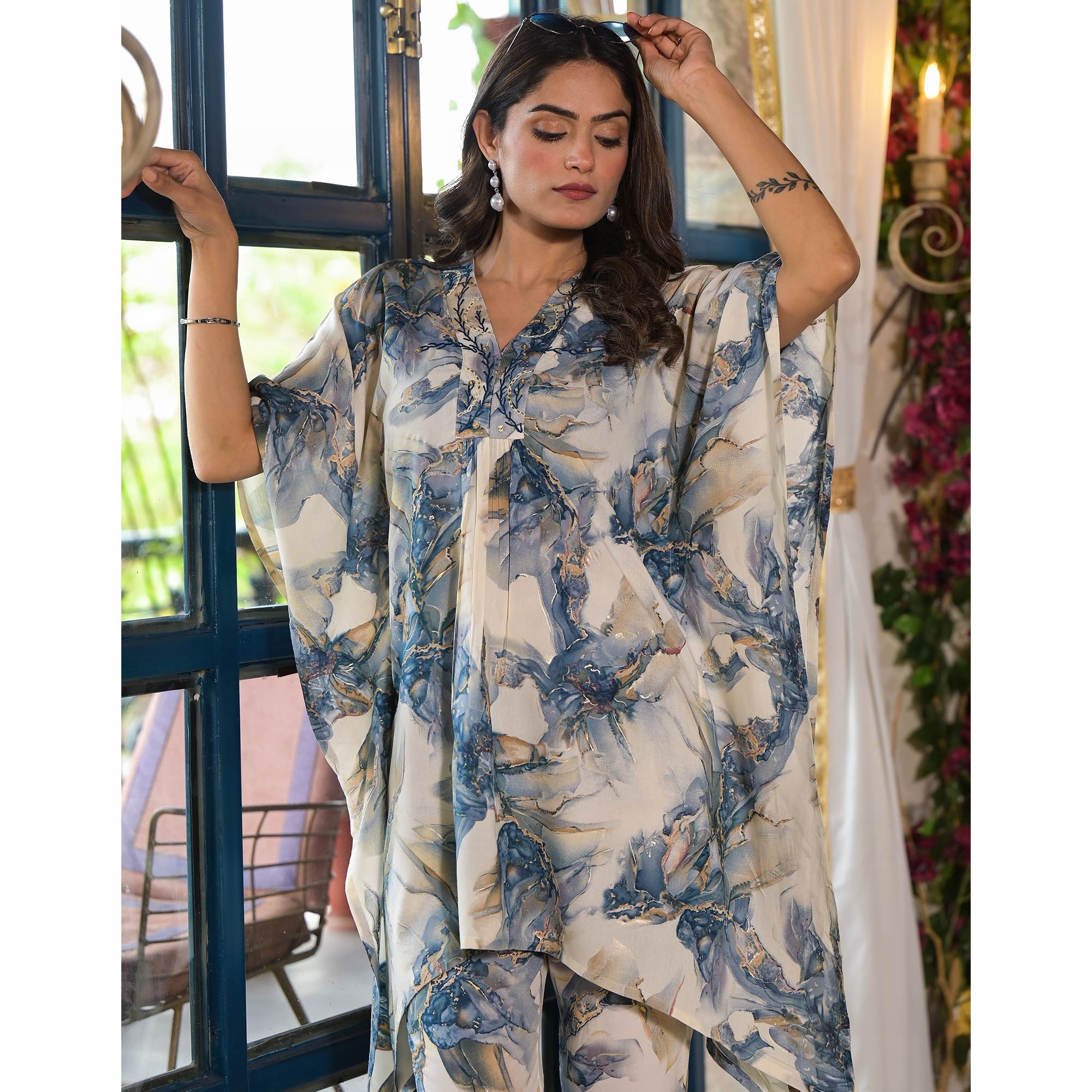 Grey Foil Printed Rayon Kaftan Co-Ord Set
