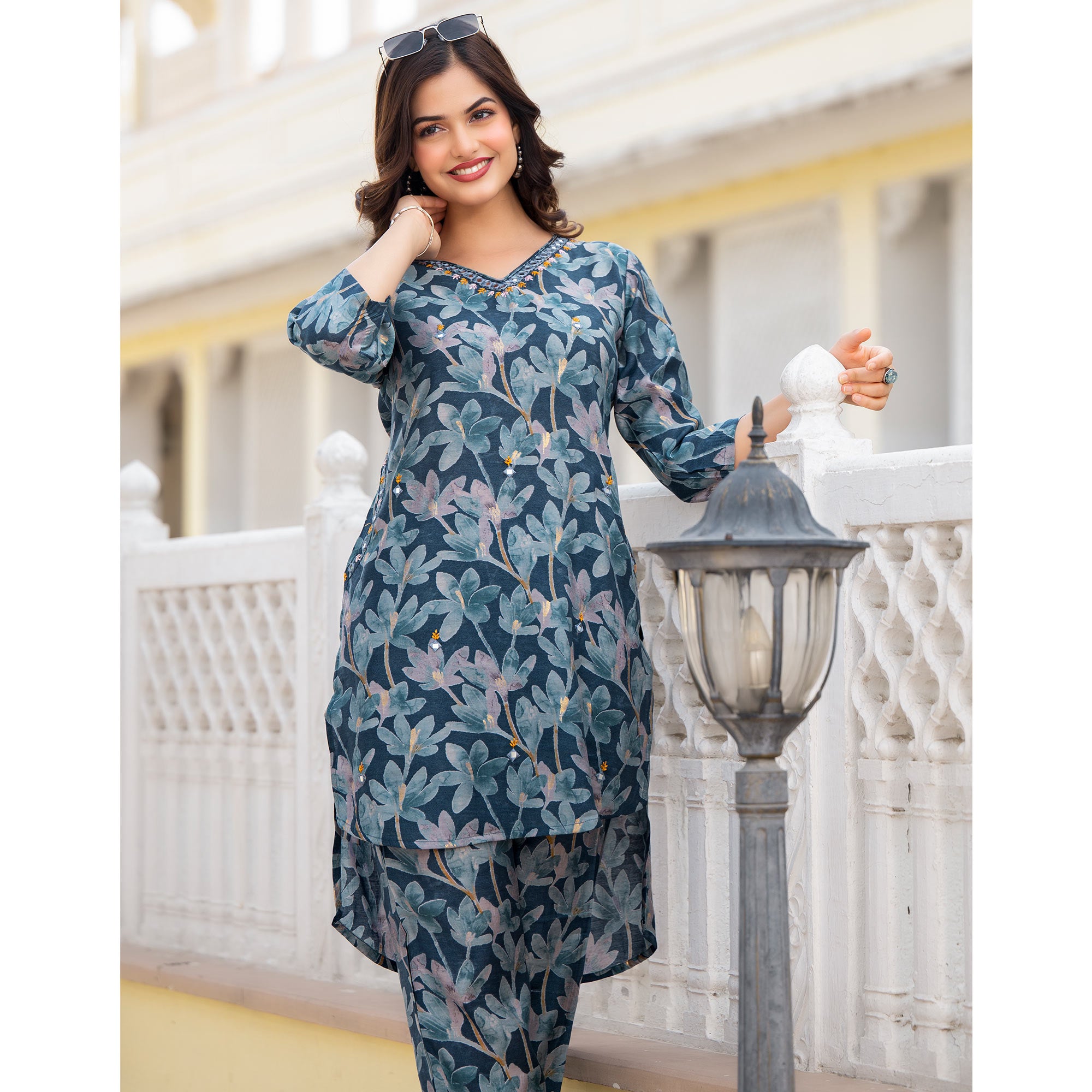 Teal Blue Floral Printed Chanderi Silk Co-Ord Set