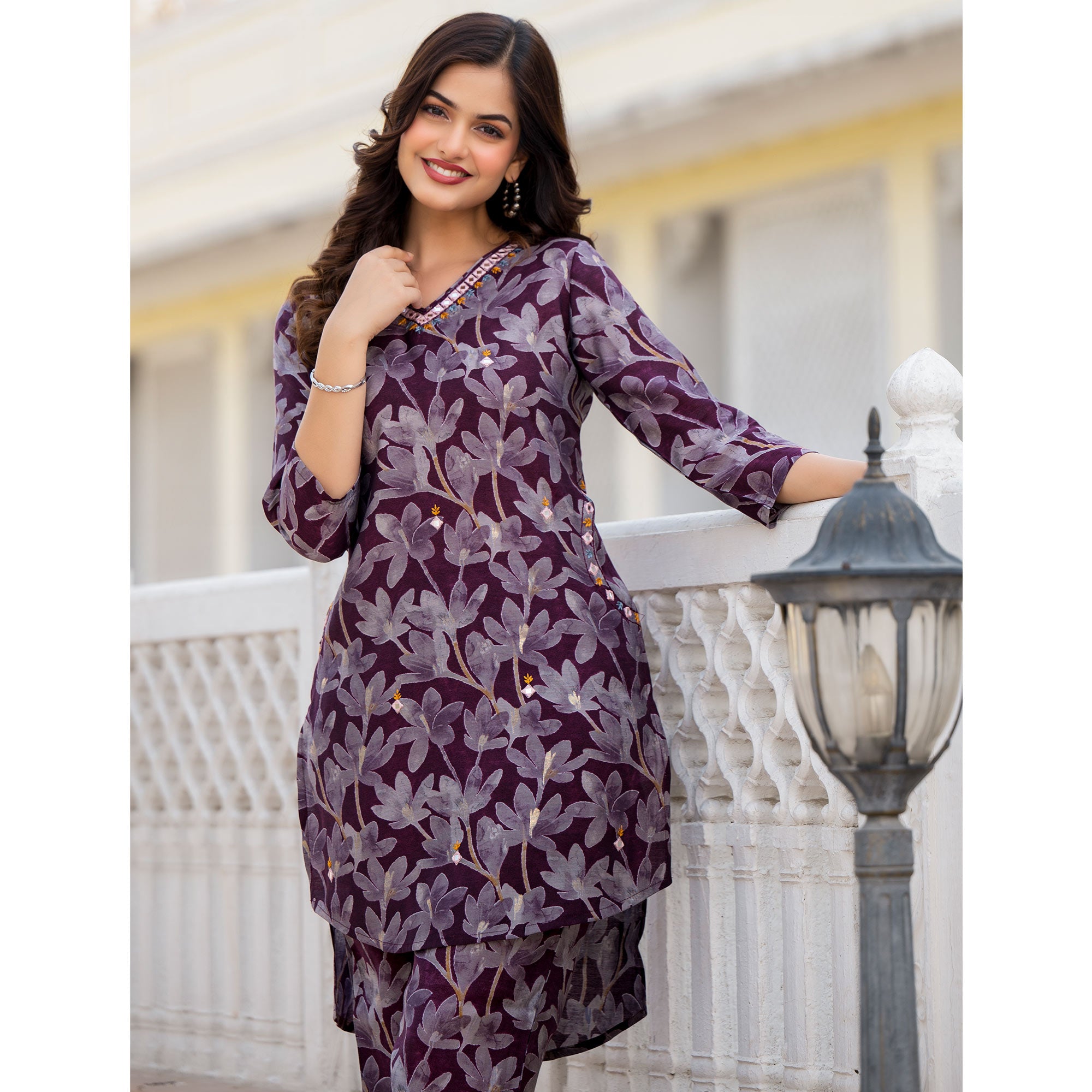 Wine Floral Printed Chanderi Silk Co-Ord Set