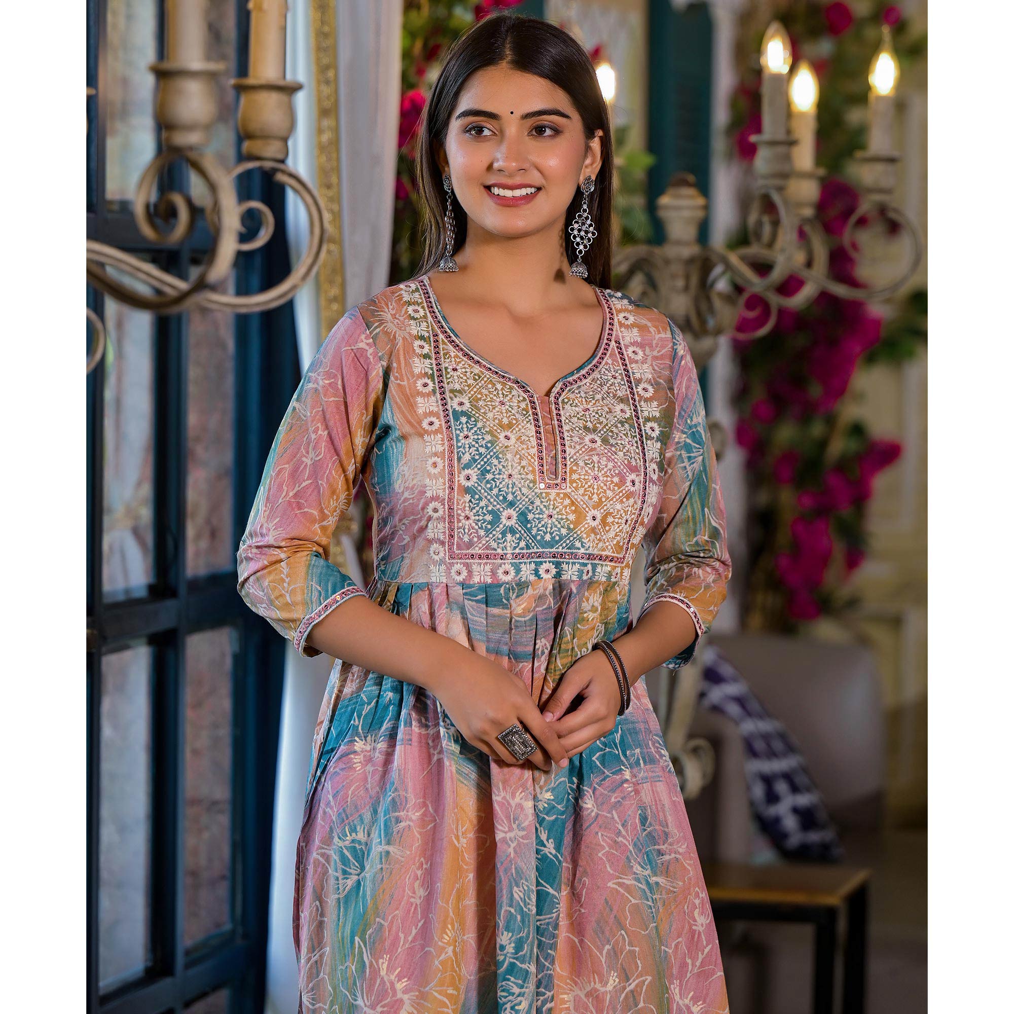 Peach Printed Cambric Cotton Naira Cut Kurti