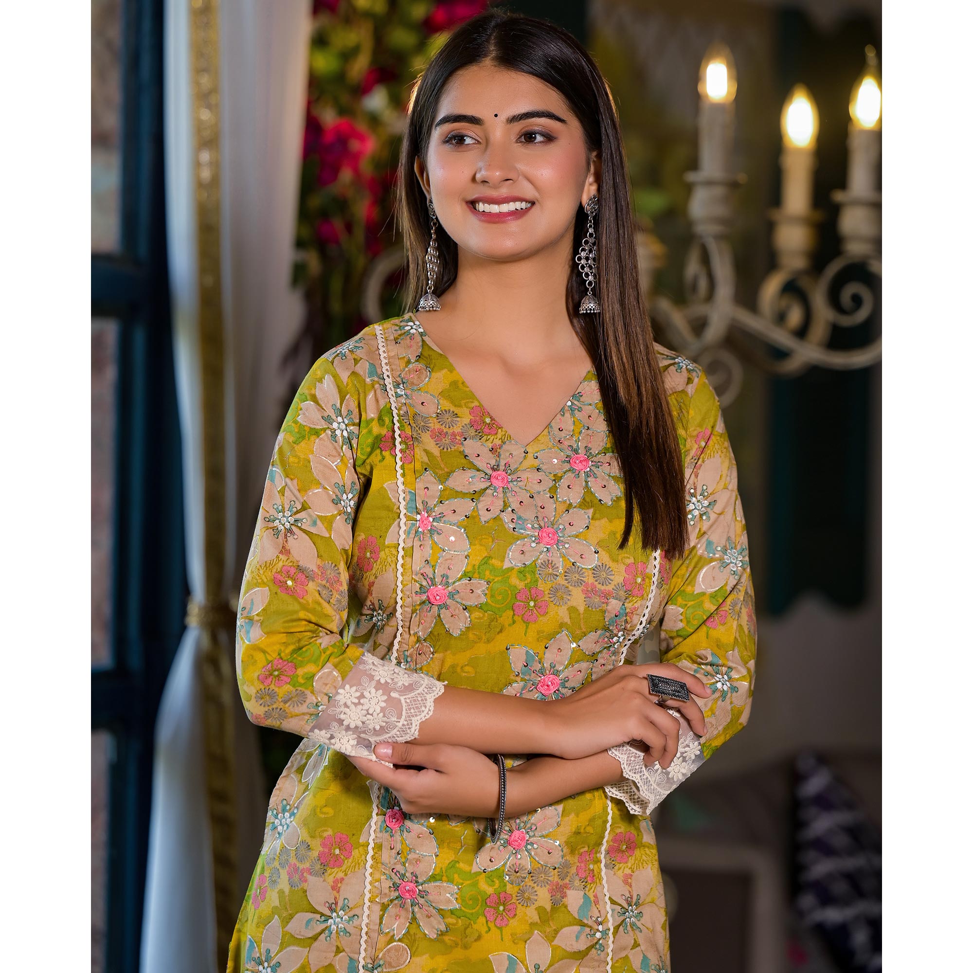 Dark Lemon Green Floral Printed Giza Cotton Maxi Dress