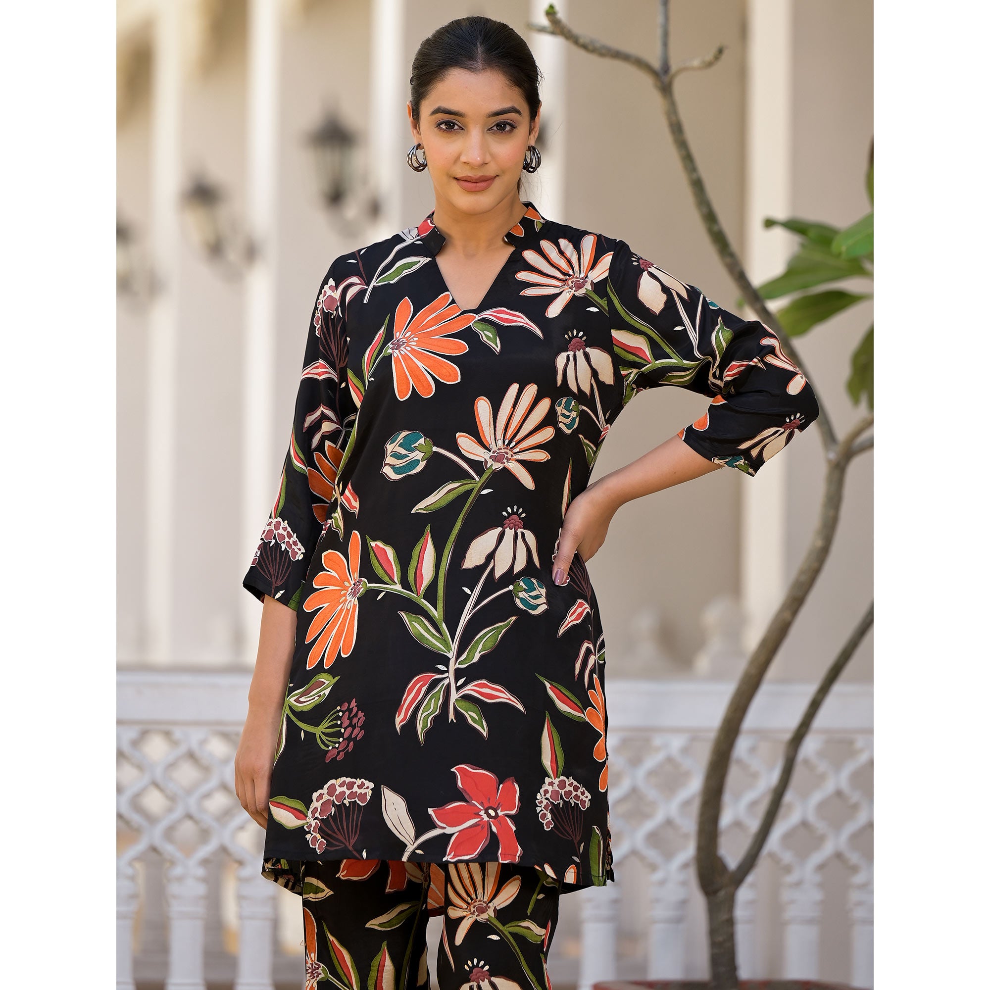 Black Floral Printed Muslin Co Ord Set