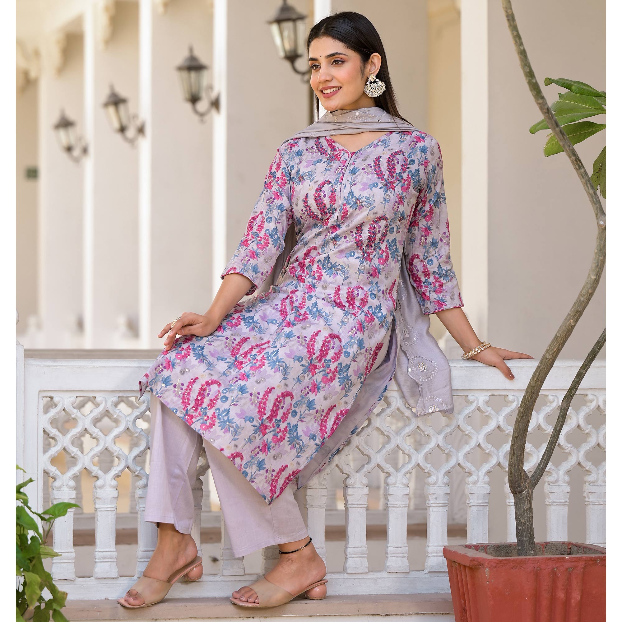 Grey Floral Printed Mulmul Cotton Salwar Suit With Handcrafted