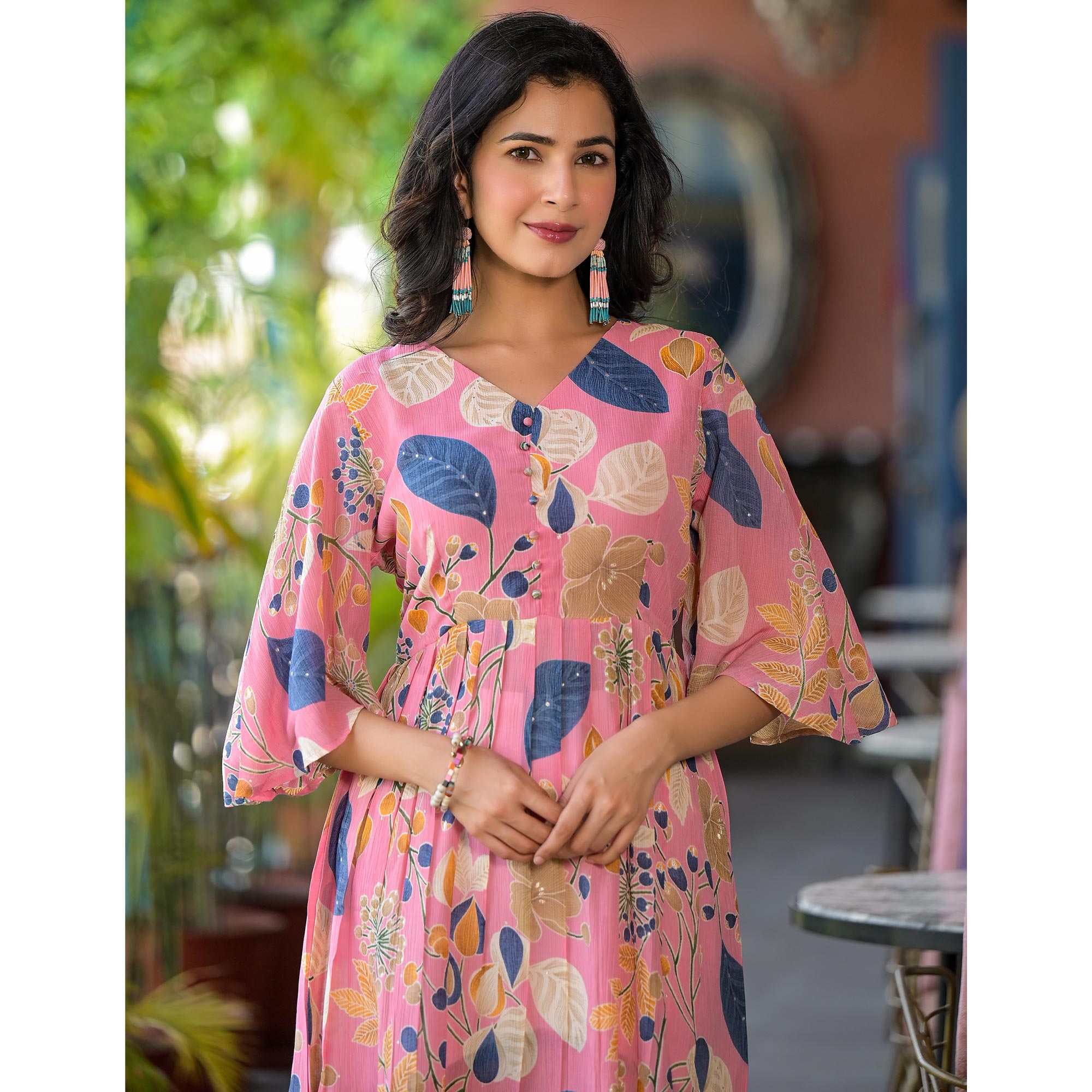 Pink Floral Foil Printed Chiffon A-Line Dress