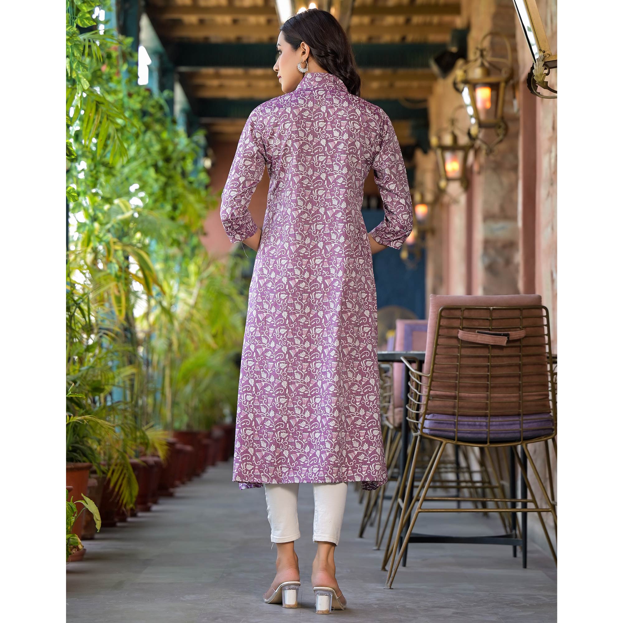 Purple Floral Printed Rayon A-line Kurti