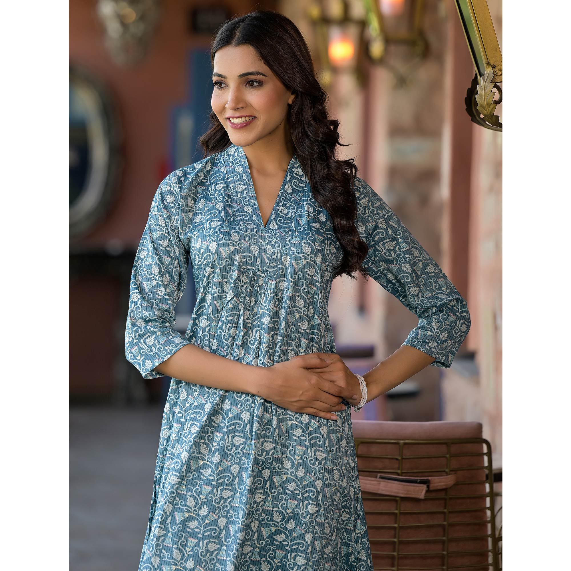 Turquoise Floral Printed Rayon A-line Kurti
