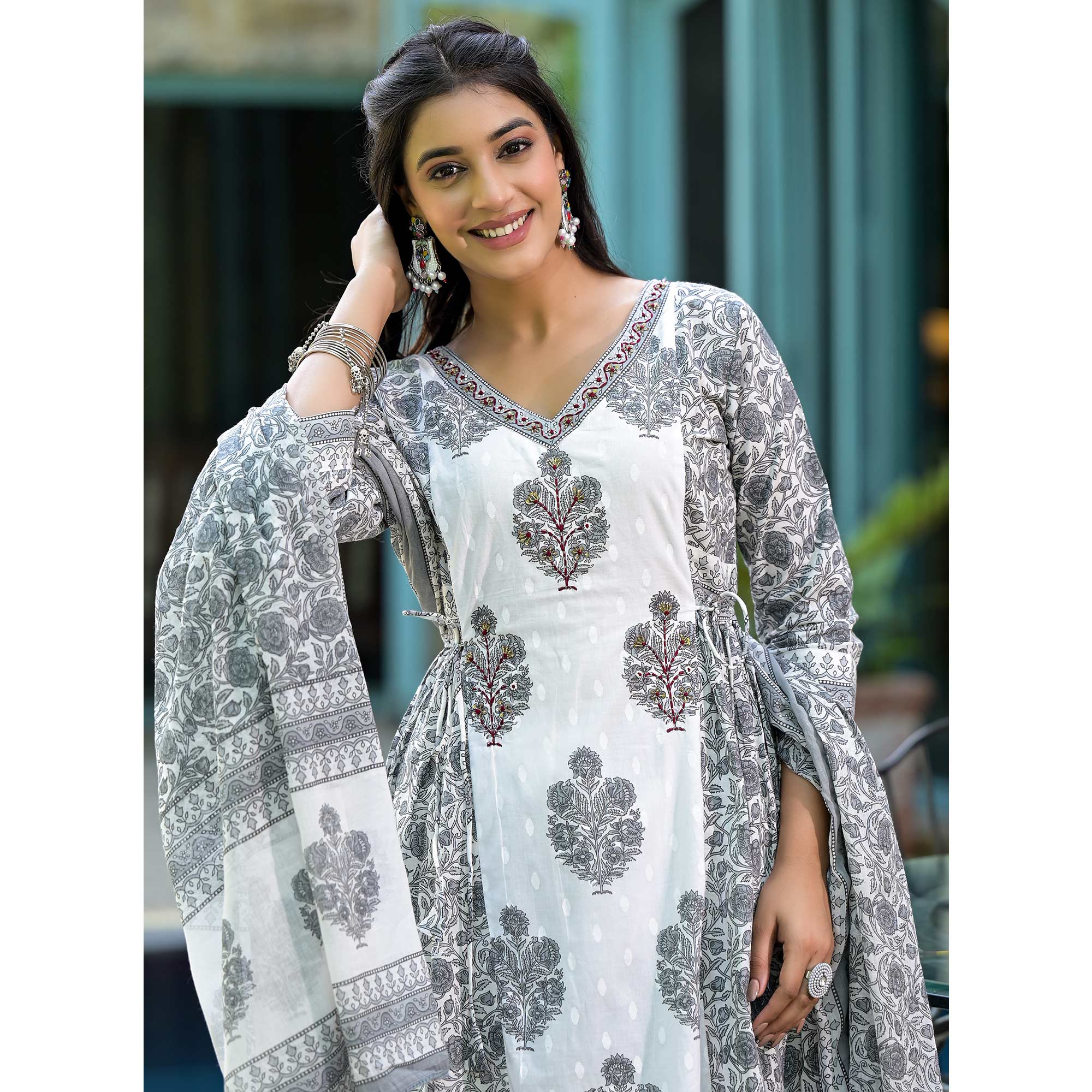 White Floral Printed Pure Cotton Salwar Suit With Beads Work