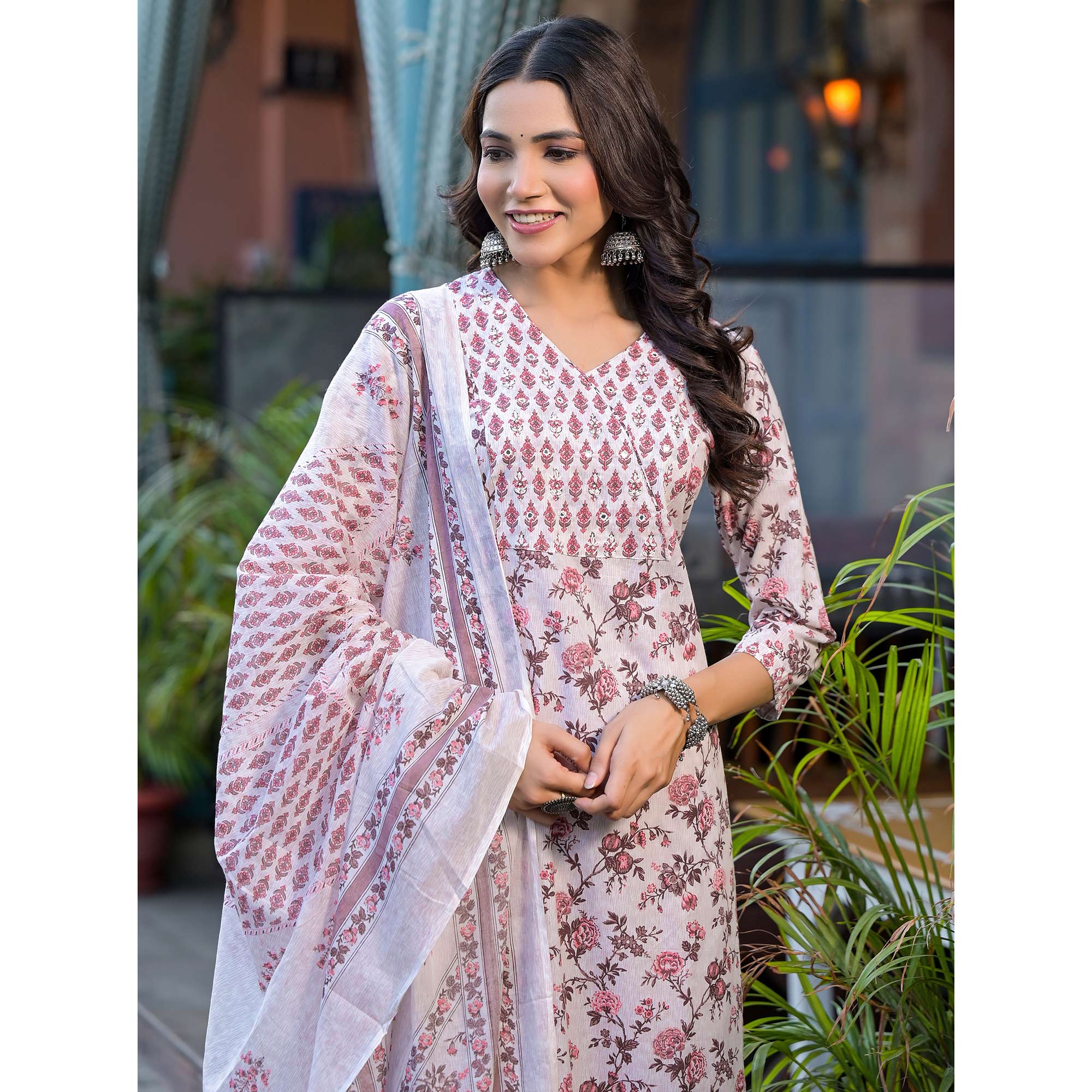 White Floral Printed Pure Cotton Salwar Suit
