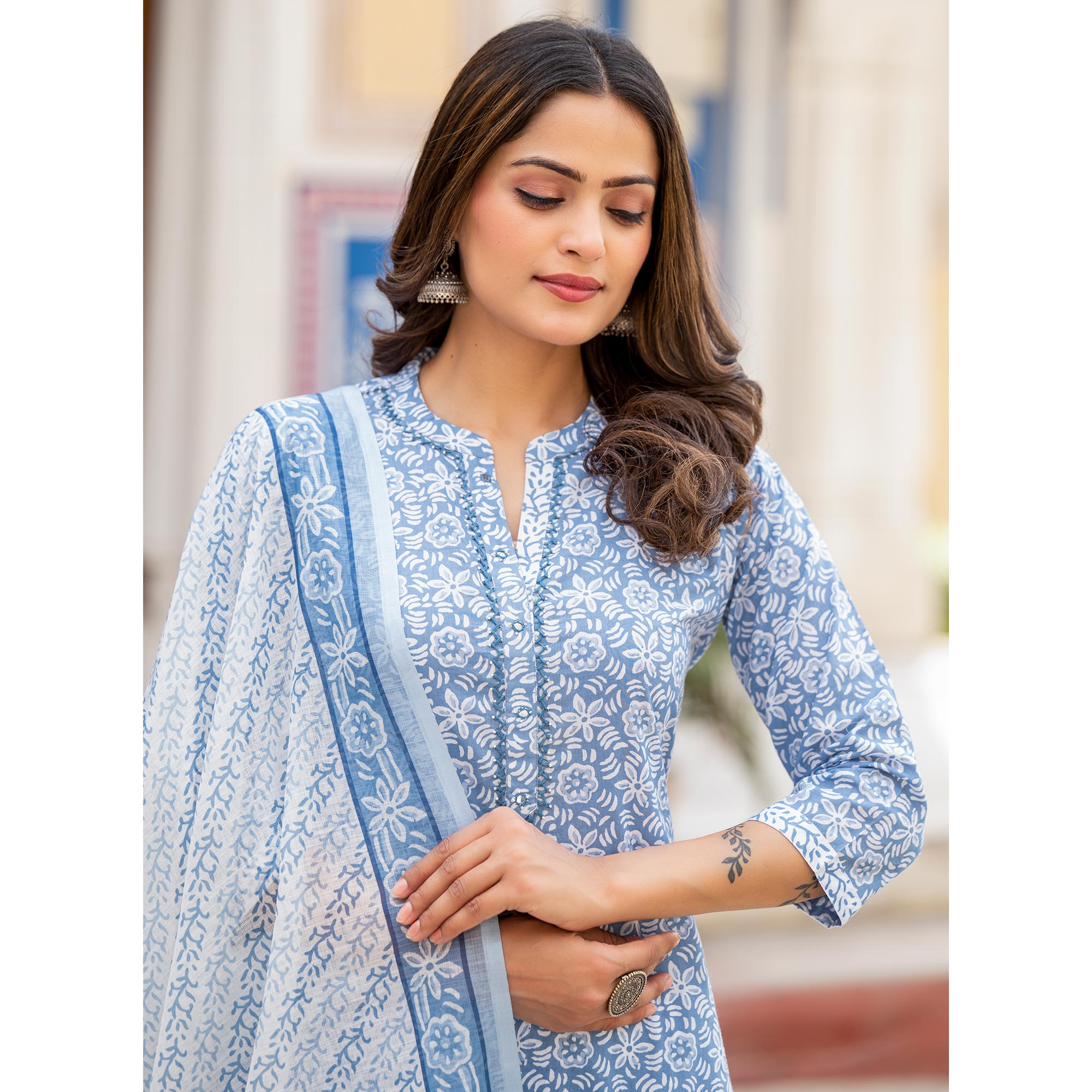 Blue Floral Printed Pure Cotton Salwar Suit