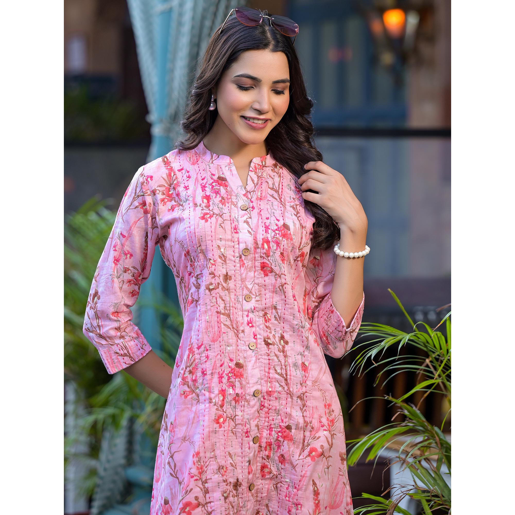 Peach Floral Foil Printed Pure Cotton Front Slit Kurti