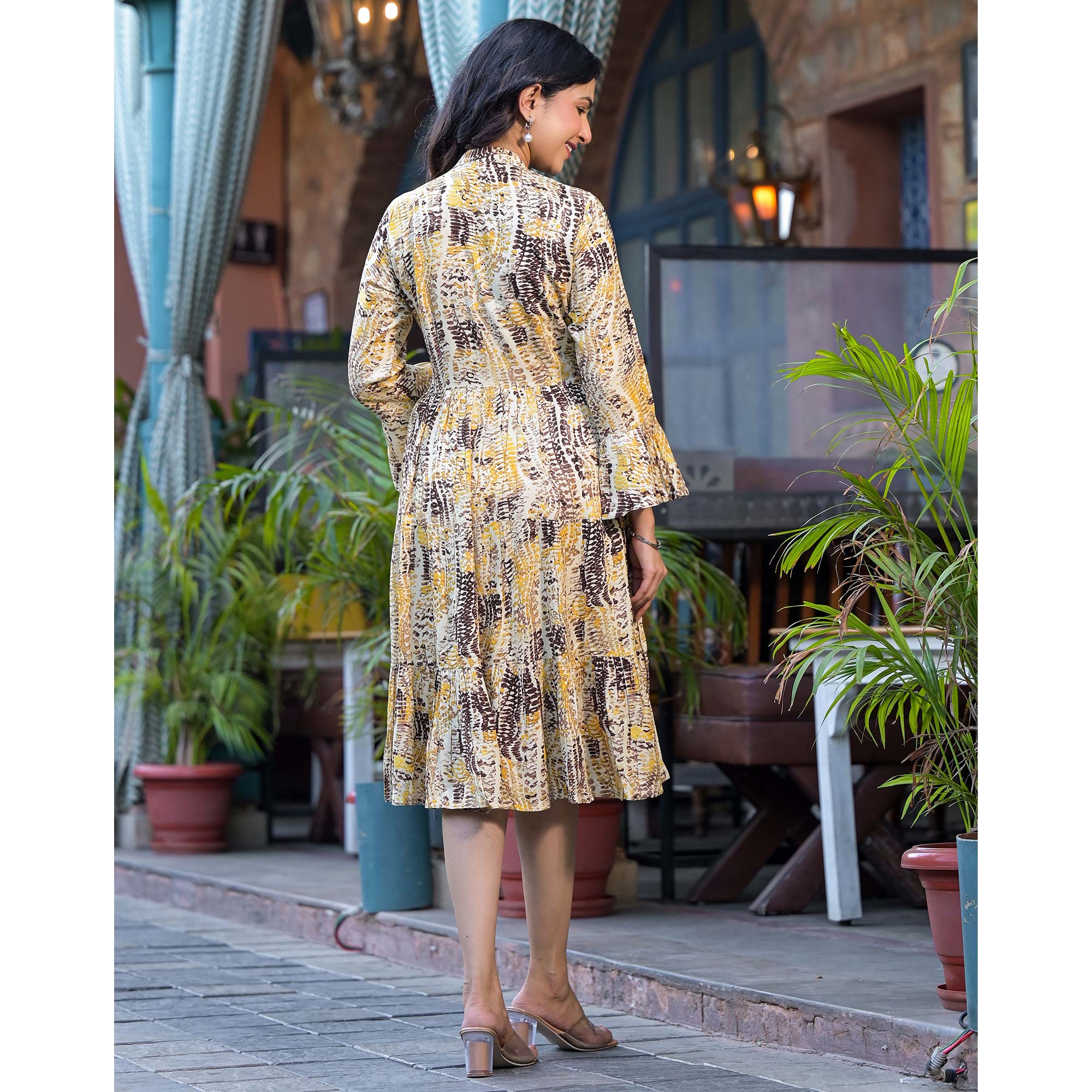 Yellow Printed Rayon Anarkali Dress