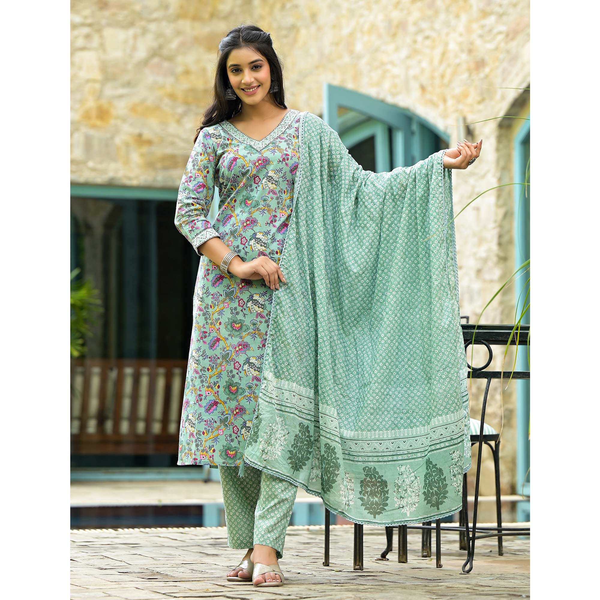 Sea Green Floral Printed With Embroidery Pure Cotton Straight Salwar Suit