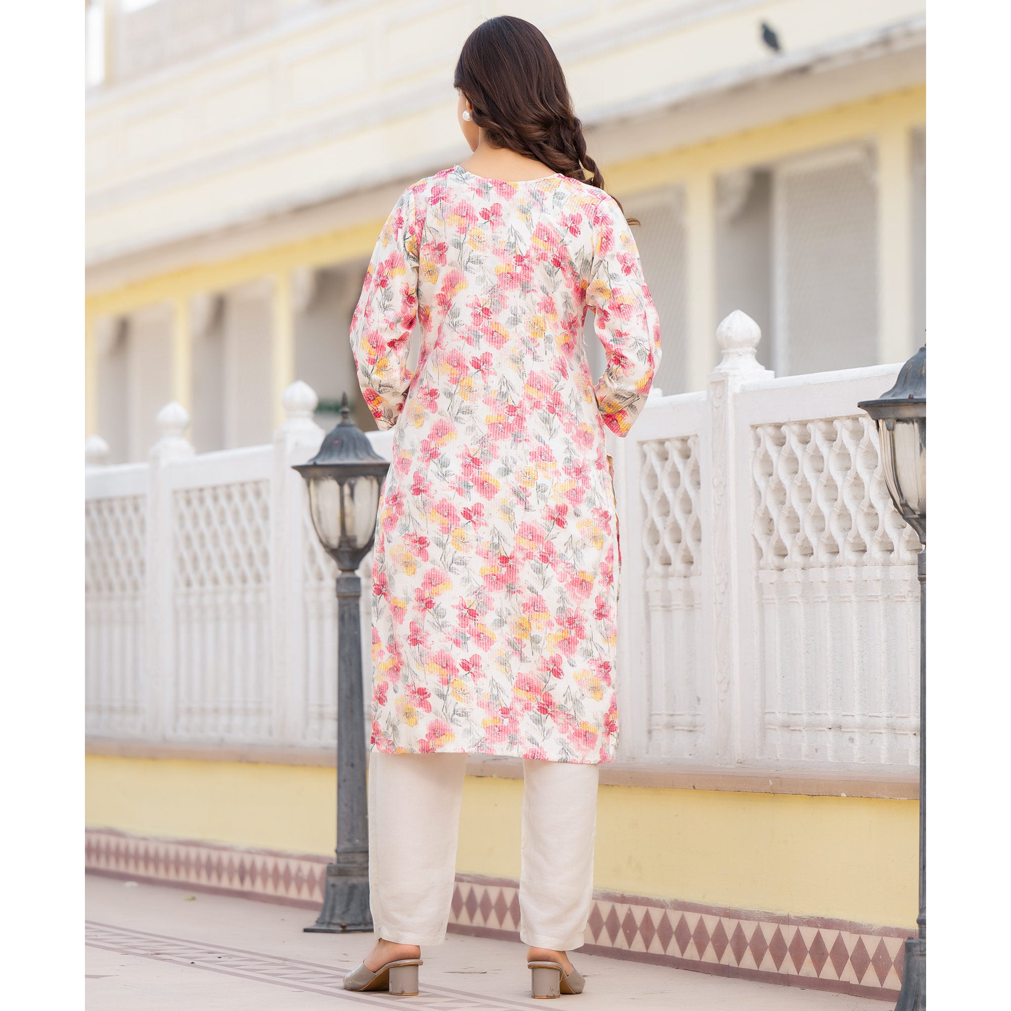 Cream & Pink Floral Printed Rayon Straight Kurti