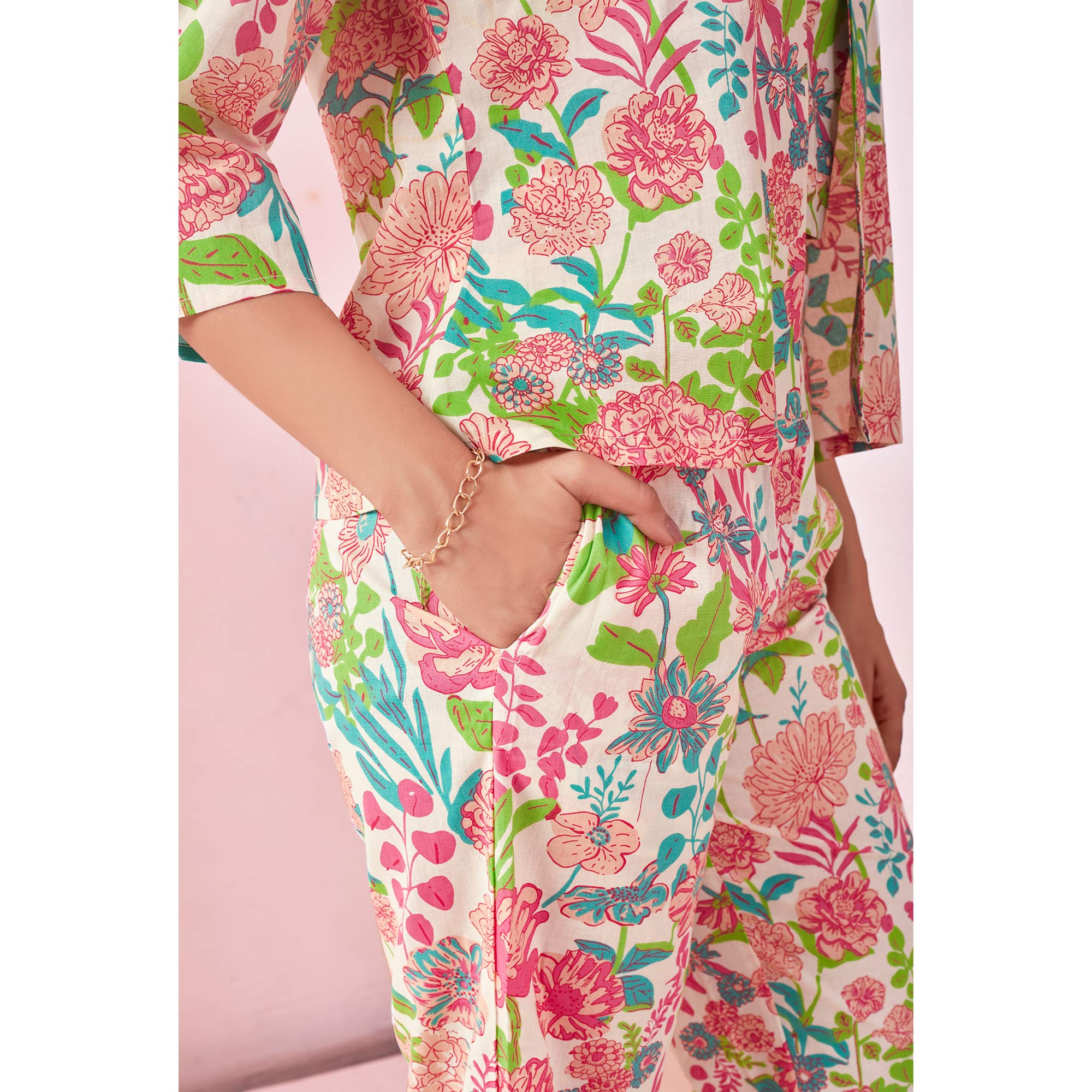 White Floral Printed Pure Cotton Co-ord Set With Jacket