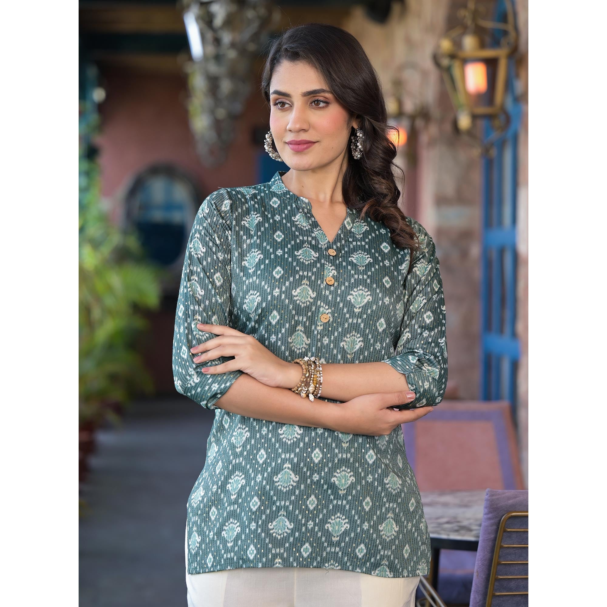 Sea Green Floral Printed Rayon Straight Top