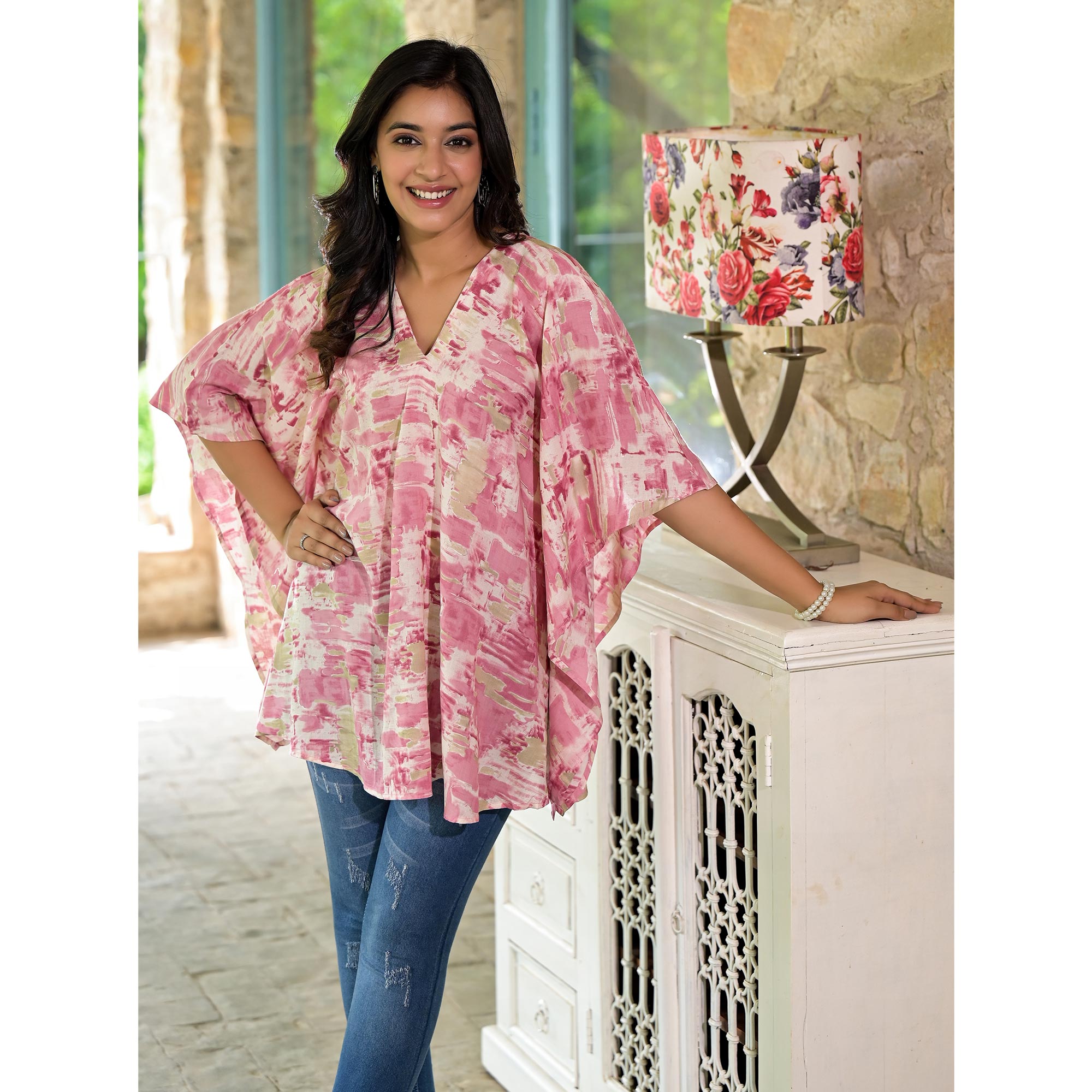 Pink Foil Printed Chanderi Silk Kaftan Top