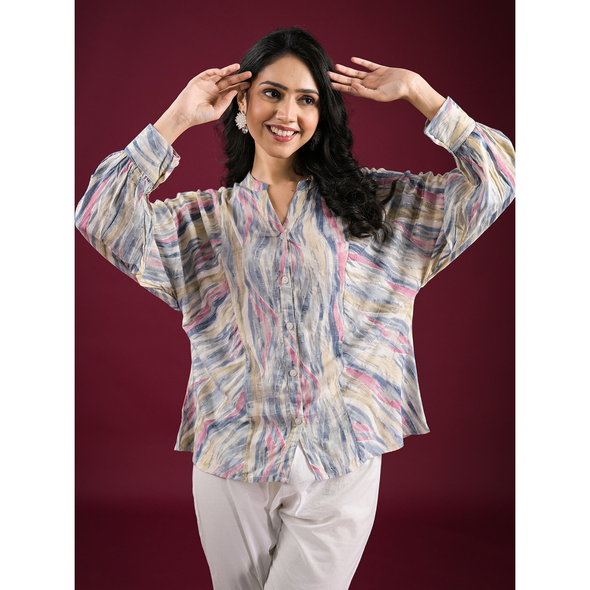 Blue Foil Printed Chanderi Silk A-Line Top