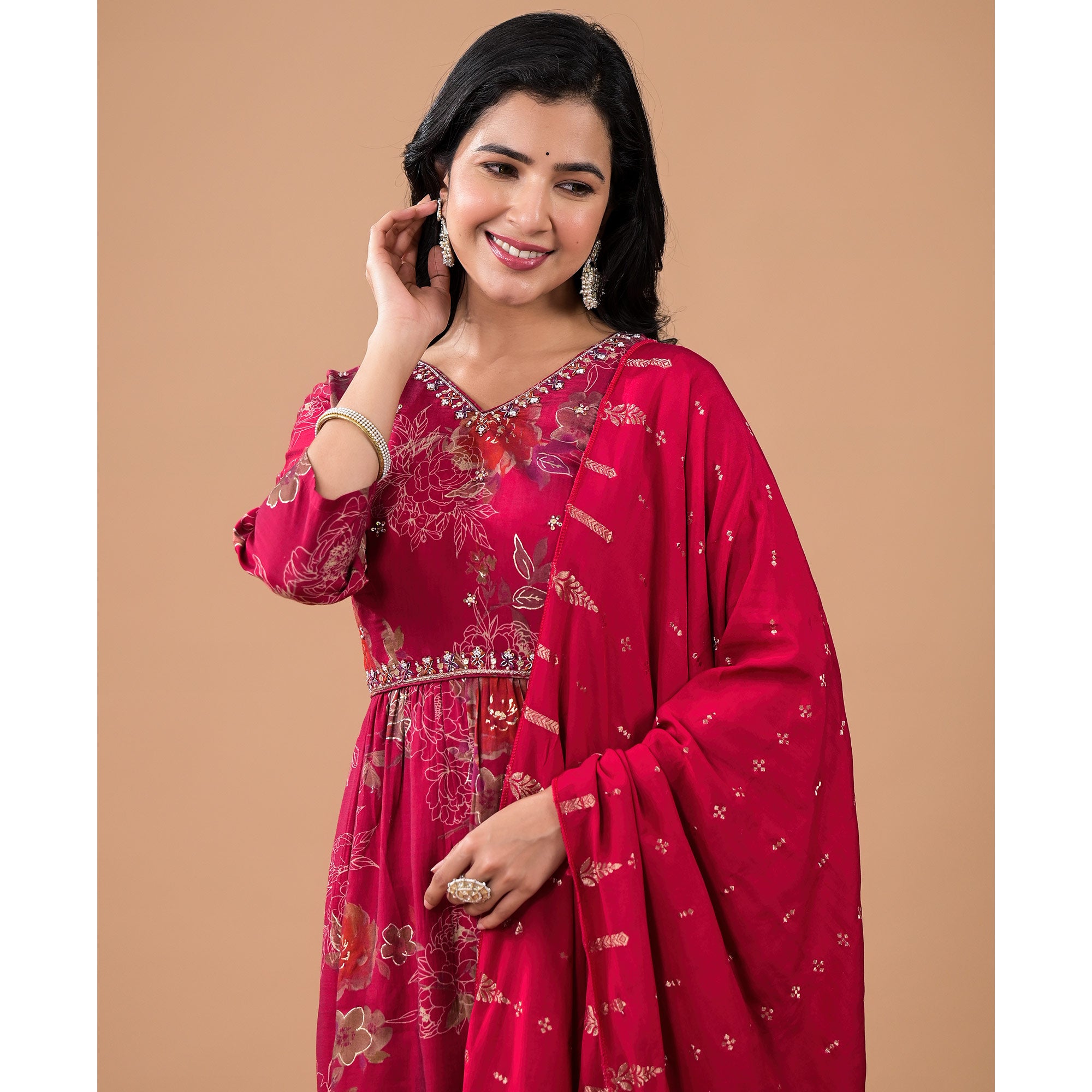 Rani Pink Floral Foil Printed With Handwork Chanderi Anarkali Suit