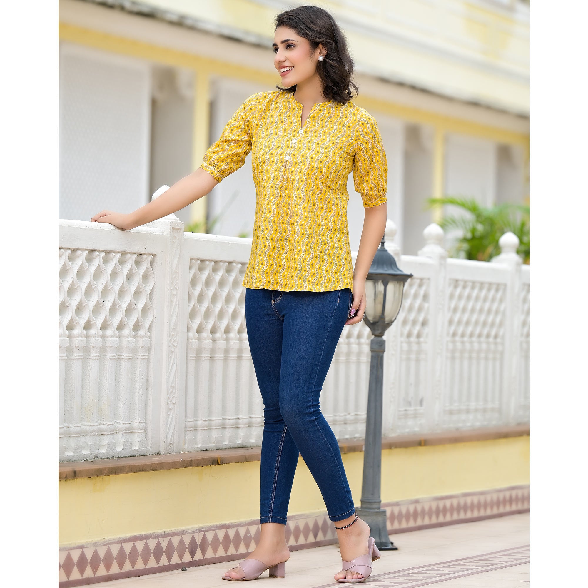 Yellow Foil Printed Pure Cotton A-Line Top