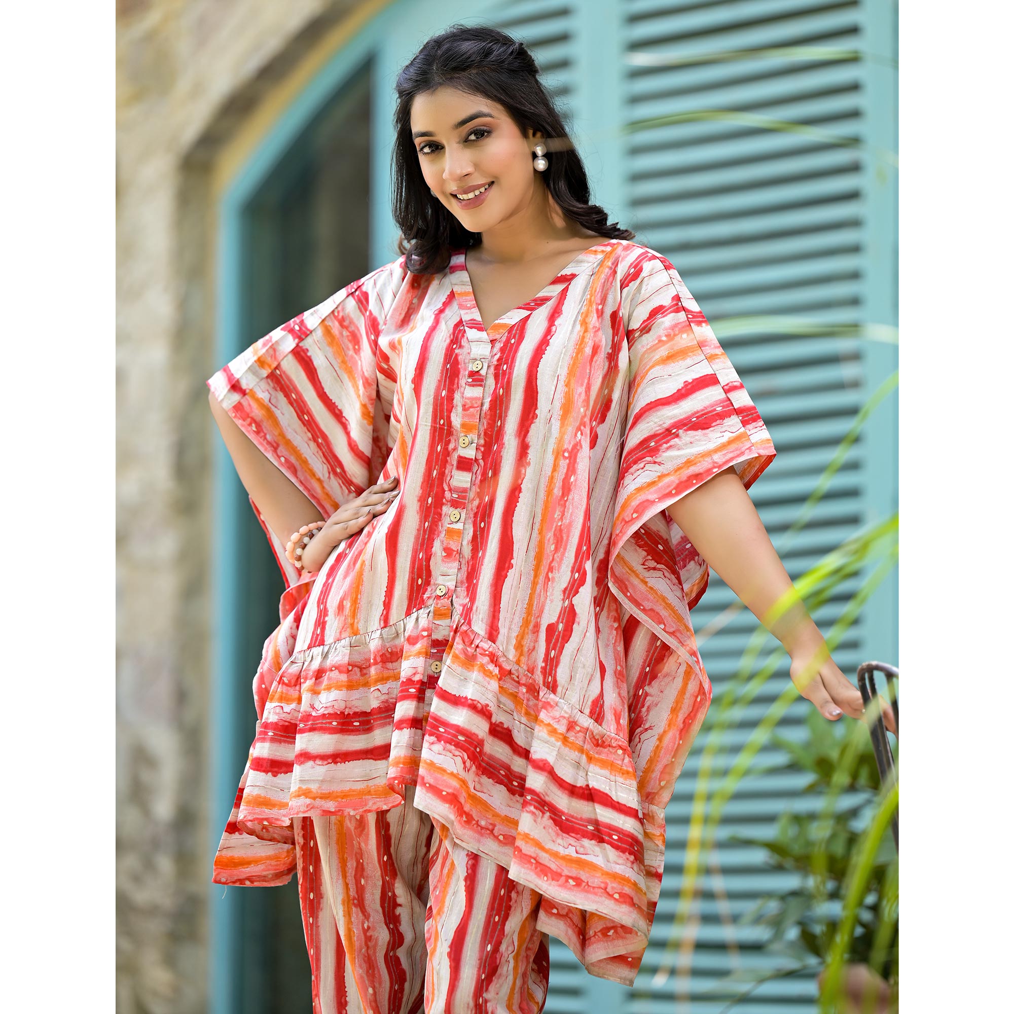 Red Foil Printed Cambric Cotton Kaftan Style Co-Ord Set