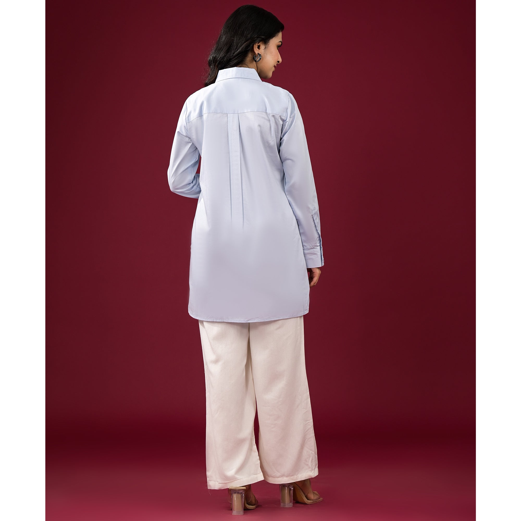 Light Blue Solid Satin High-Low Shirt