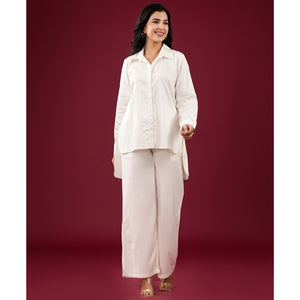 Off White Solid Satin High-Low Shirt