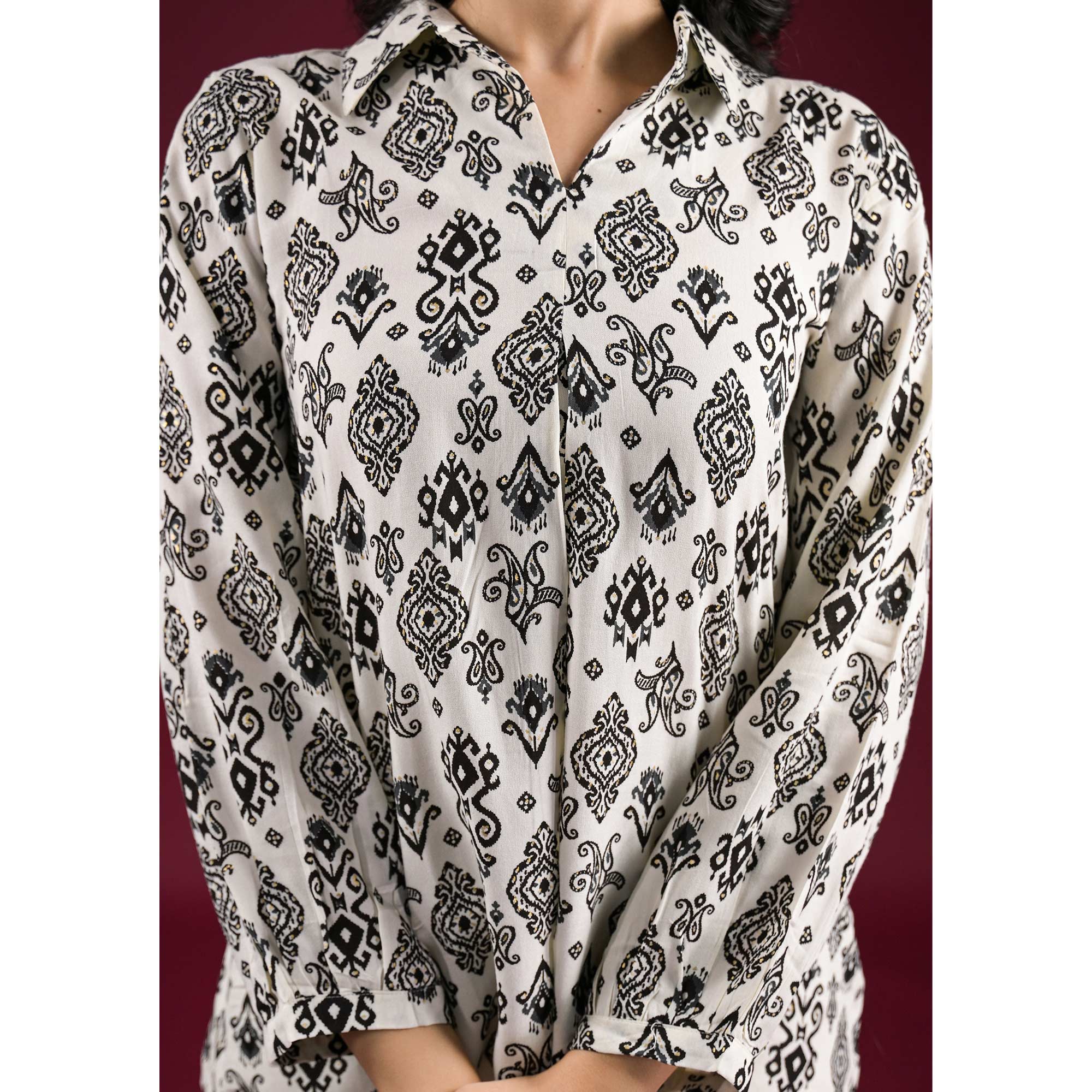White & Black Floral Printed Rayon Top