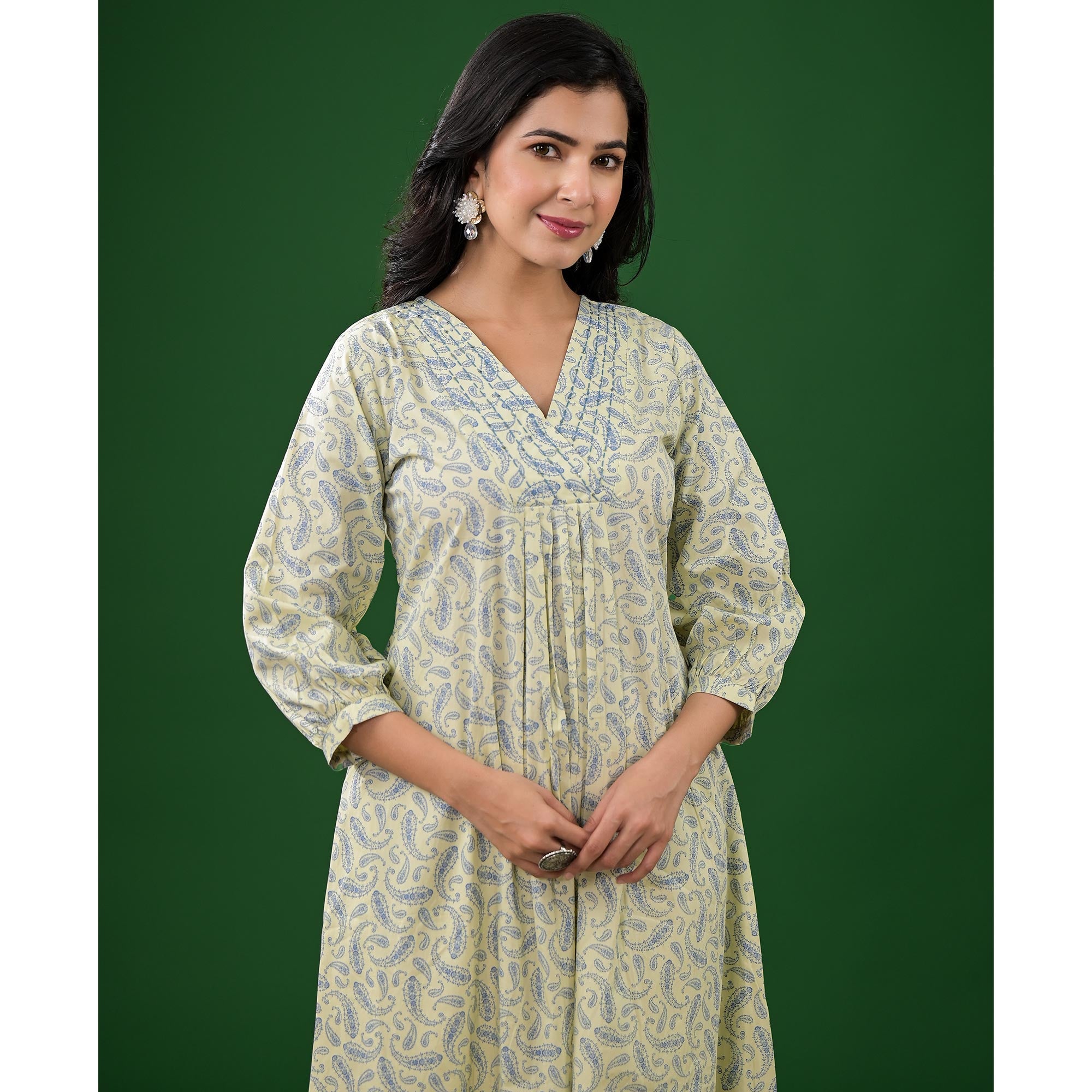 Light Lime Green Paisley Printed Pure Cotton A-Line Dress